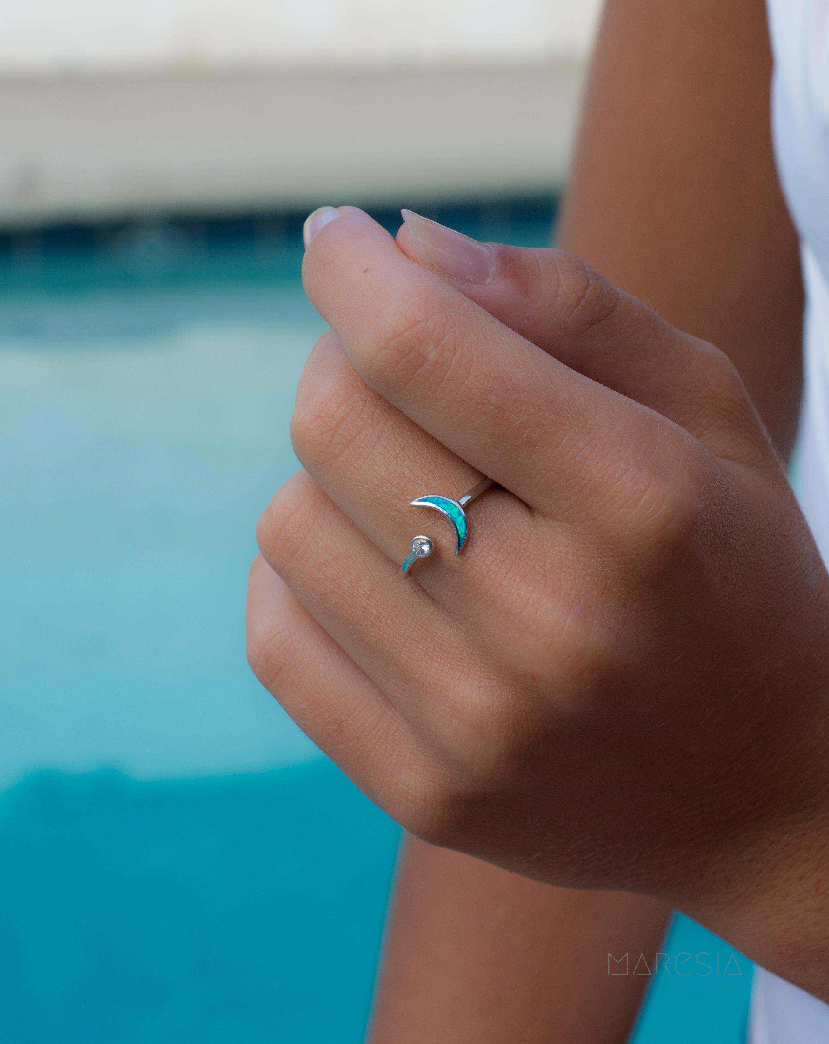 Half Moon & Star Blue Opal Ring ~Sterling Silver 925~ SMR048 - Maresia Jewelry