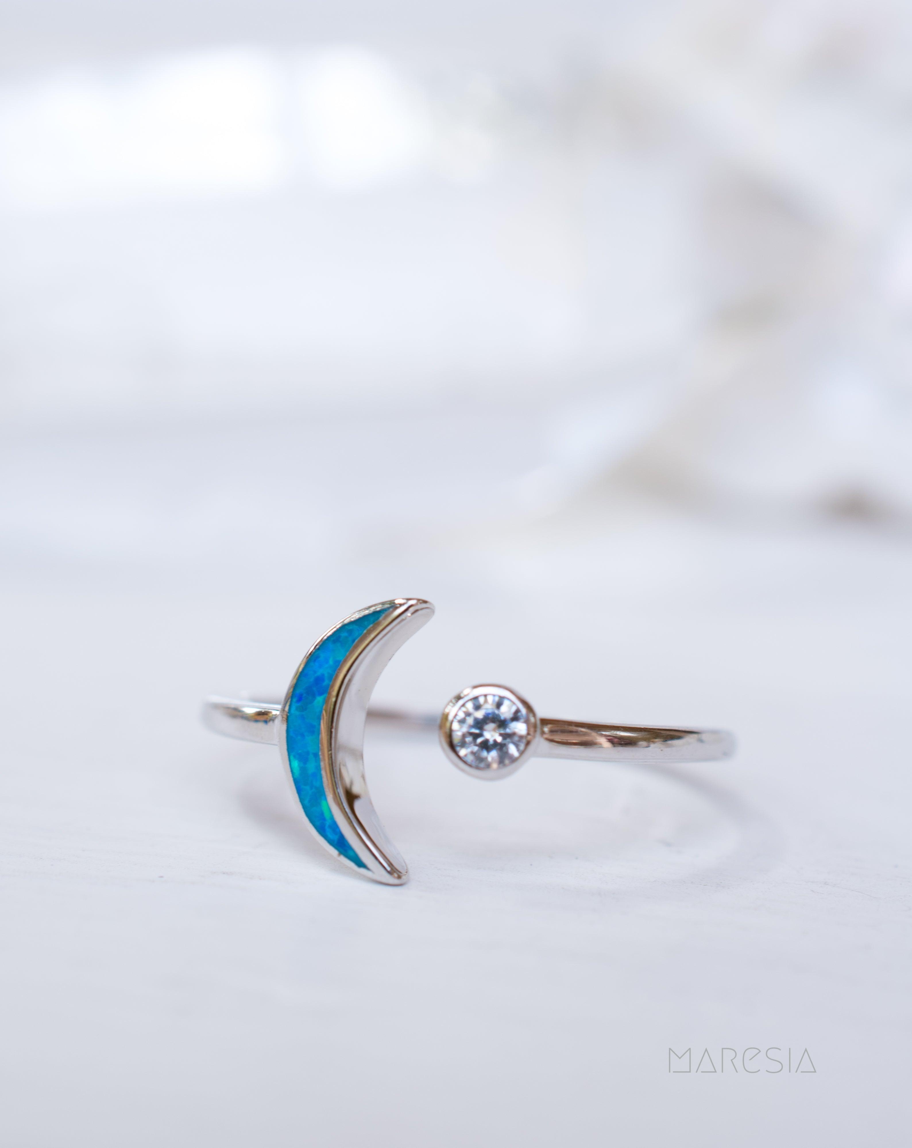 Half Moon & Star Blue Opal Ring ~Sterling Silver 925~ SMR048 - Maresia Jewelry