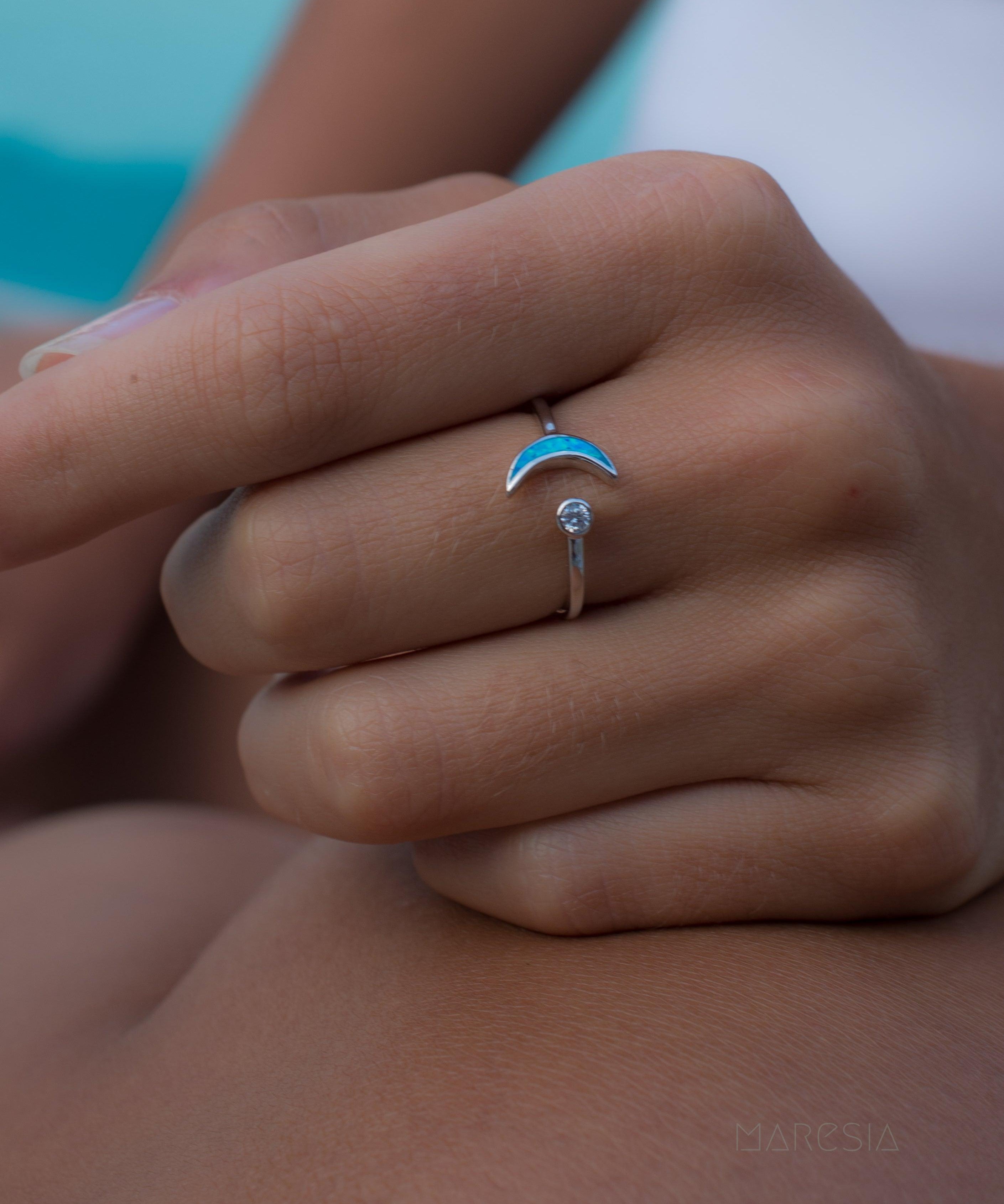 Half Moon & Star Blue Opal Ring ~Sterling Silver 925~ SMR048 - Maresia Jewelry