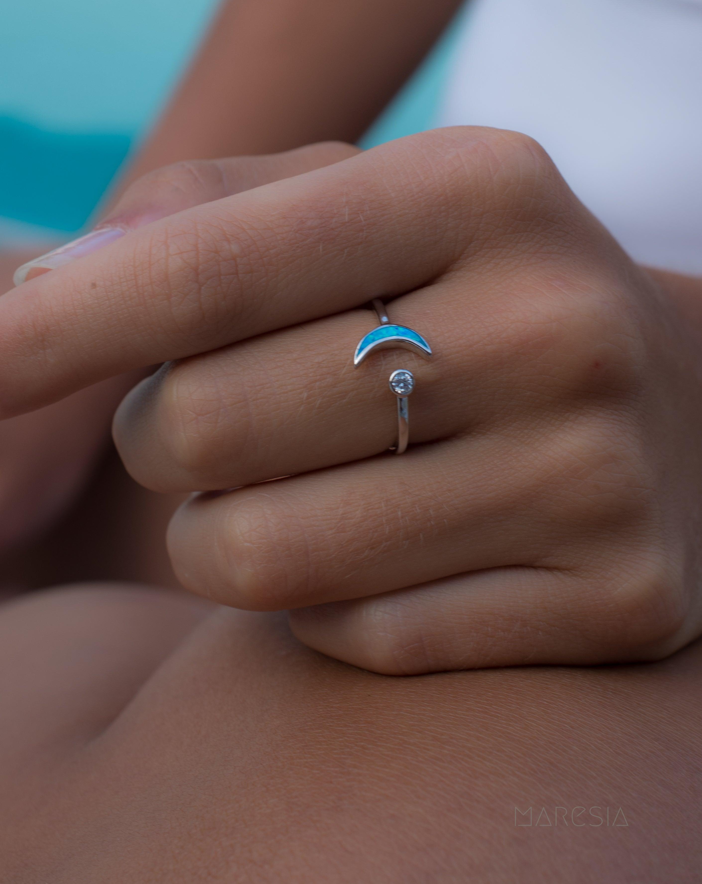 Half Moon & Star Blue Opal Ring ~Sterling Silver 925~ SMR048 - Maresia Jewelry