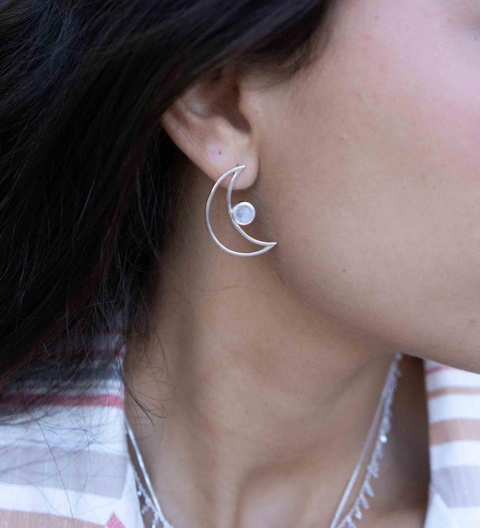 Half Moon Moonstone Earrings ~ Sterling Silver 925  ~ Gemstone ~ Post ~ Stud ~Handmade ~ Jewelry ~ Gift For Her ~ Maresia ME161