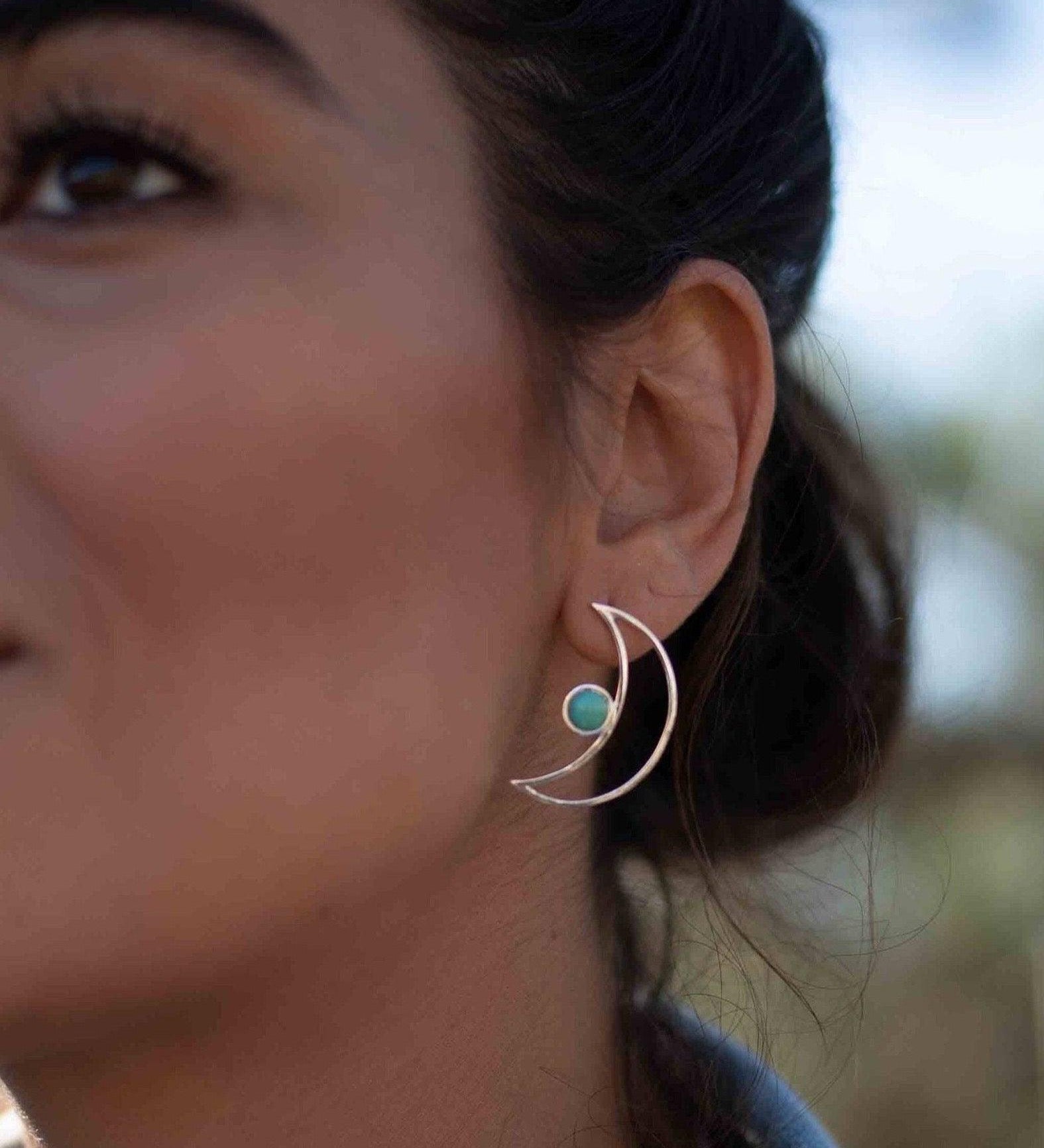 Half Moon Turquoise Earrings ~ Gemstone ~ Post ~ Stud ~ Sterling Silver 925 ~ Jewelry ~ Blue ~ Handmade~ ME160