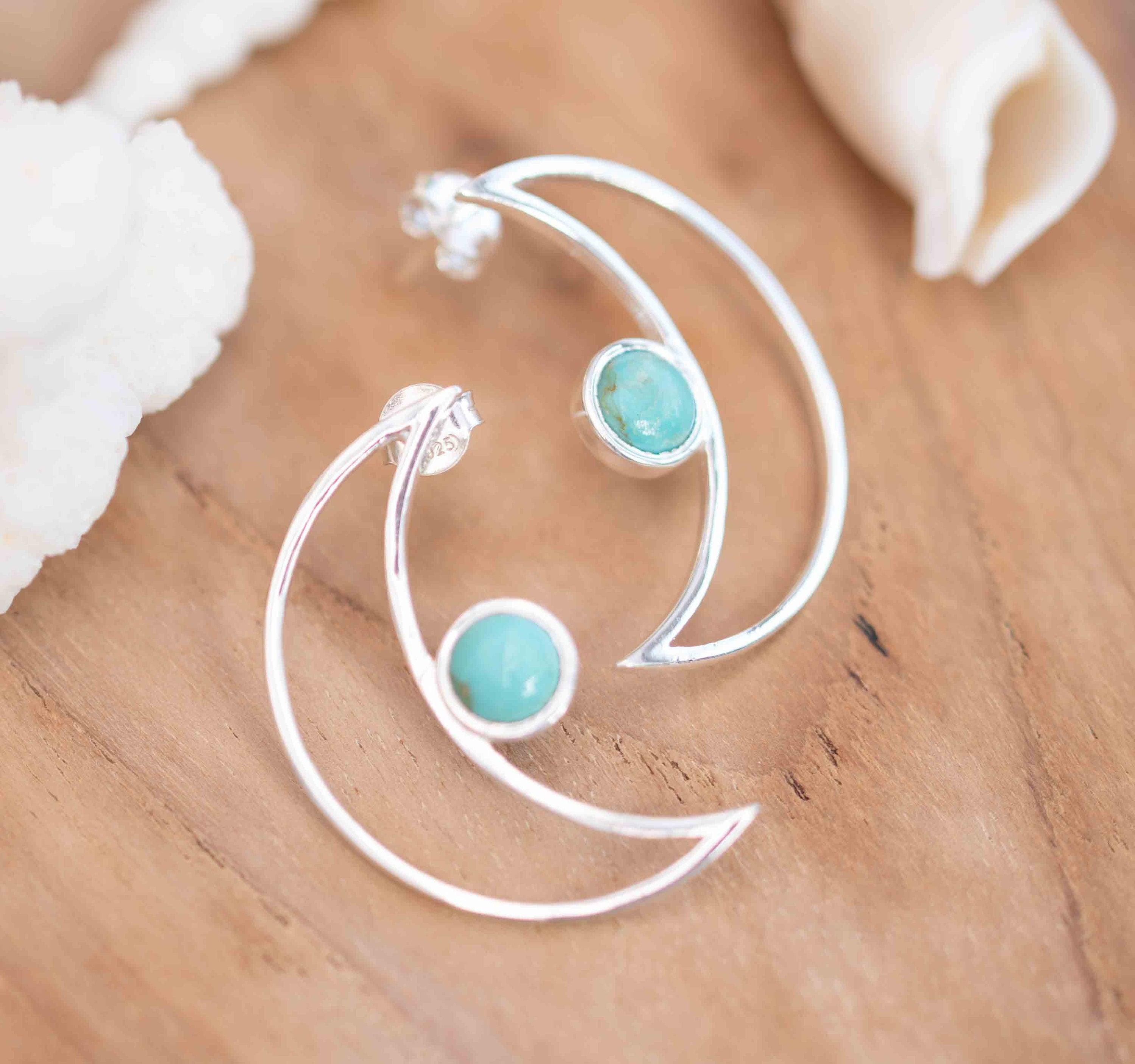 Half Moon Turquoise Earrings ~ Gemstone ~ Post ~ Stud ~ Sterling Silver 925 ~ Jewelry ~ Blue ~ Handmade~ ME160
