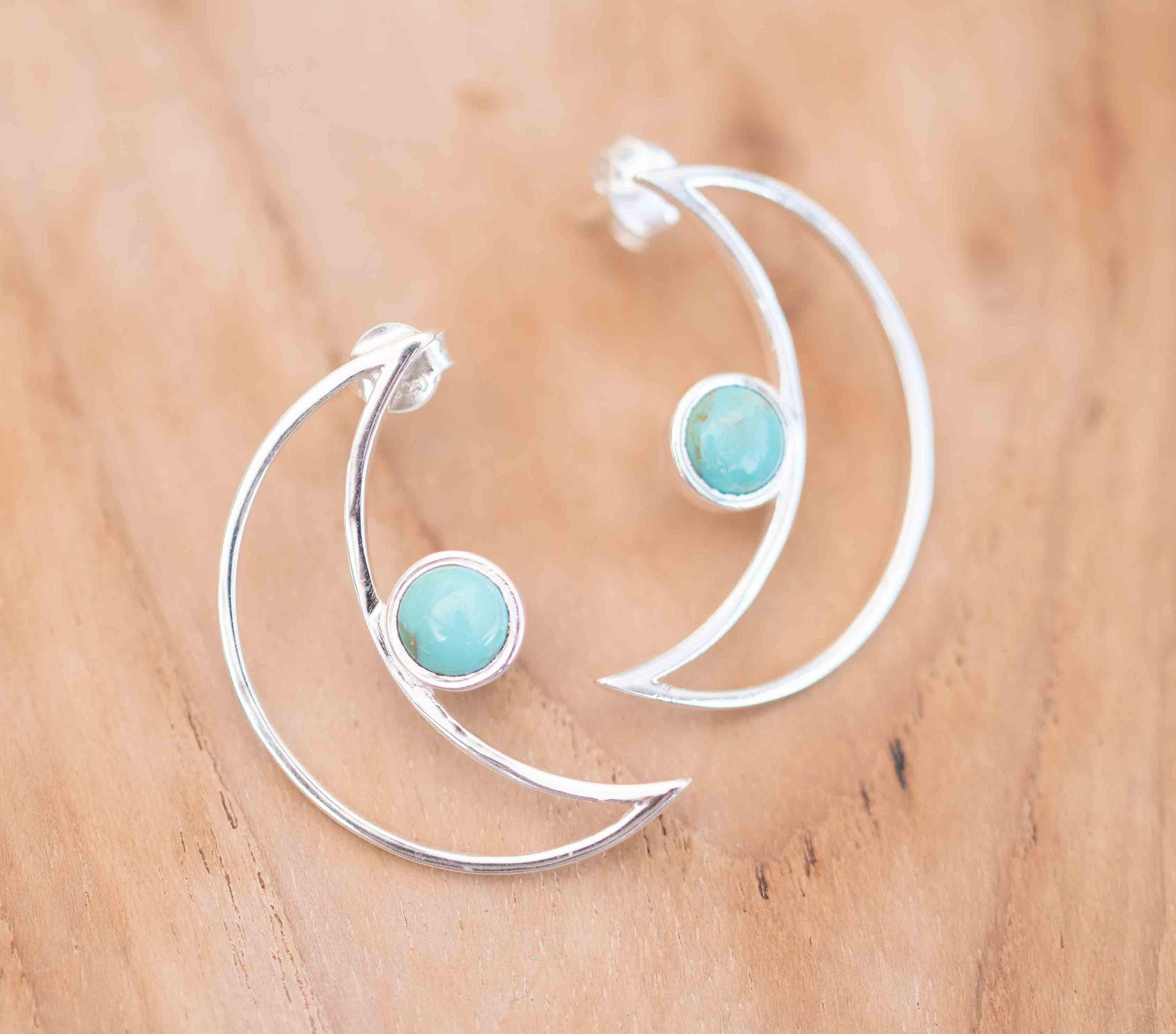 Half Moon Turquoise Earrings ~ Gemstone ~ Post ~ Stud ~ Sterling Silver 925 ~ Jewelry ~ Blue ~ Handmade~ ME160