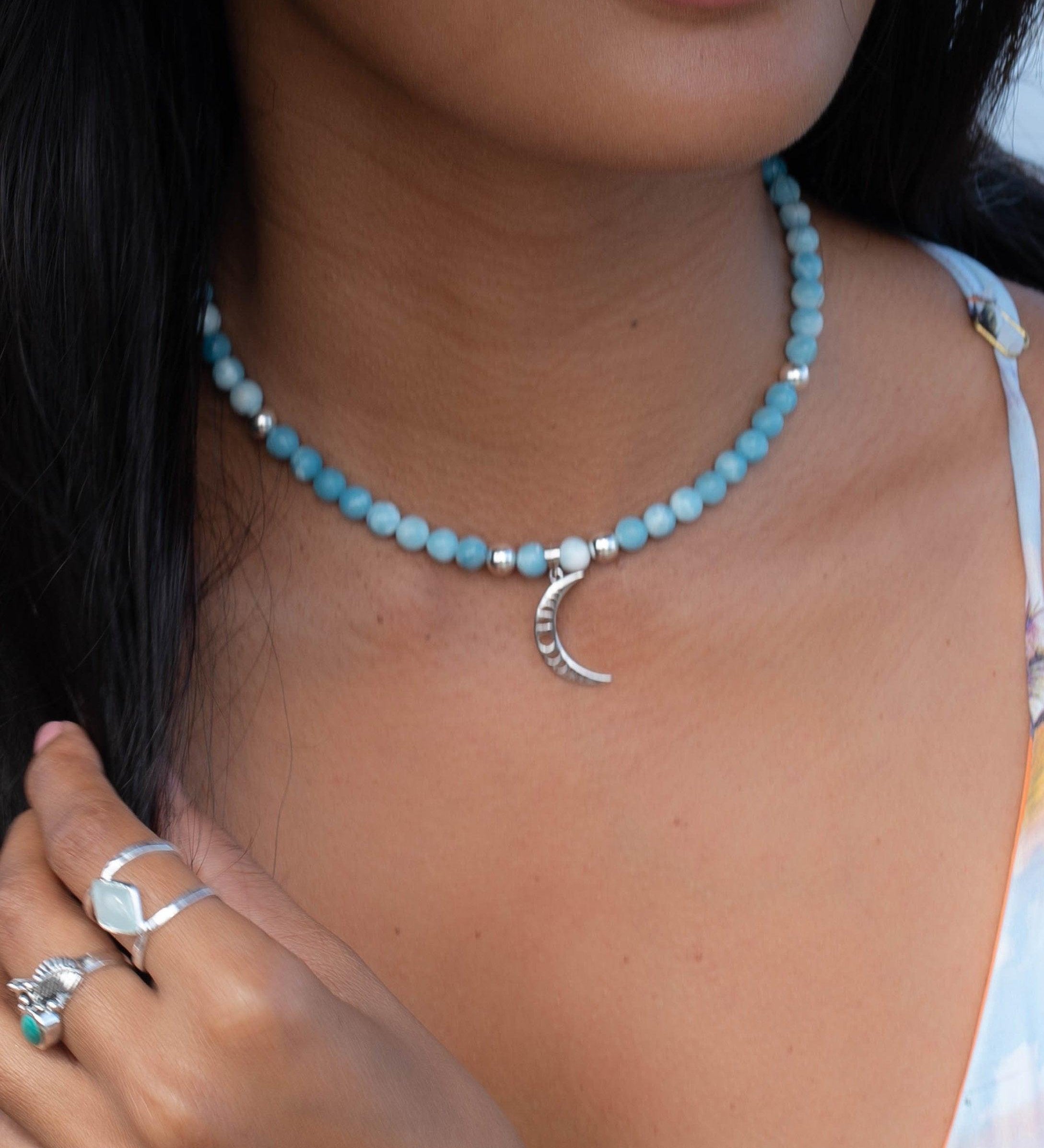Half Moon Larimar necklace~ Sterling Silver 925 ~ Choker ~ Jewelry ~ Gift For Her ~ Minimalist~ Handmade~ Bead necklace