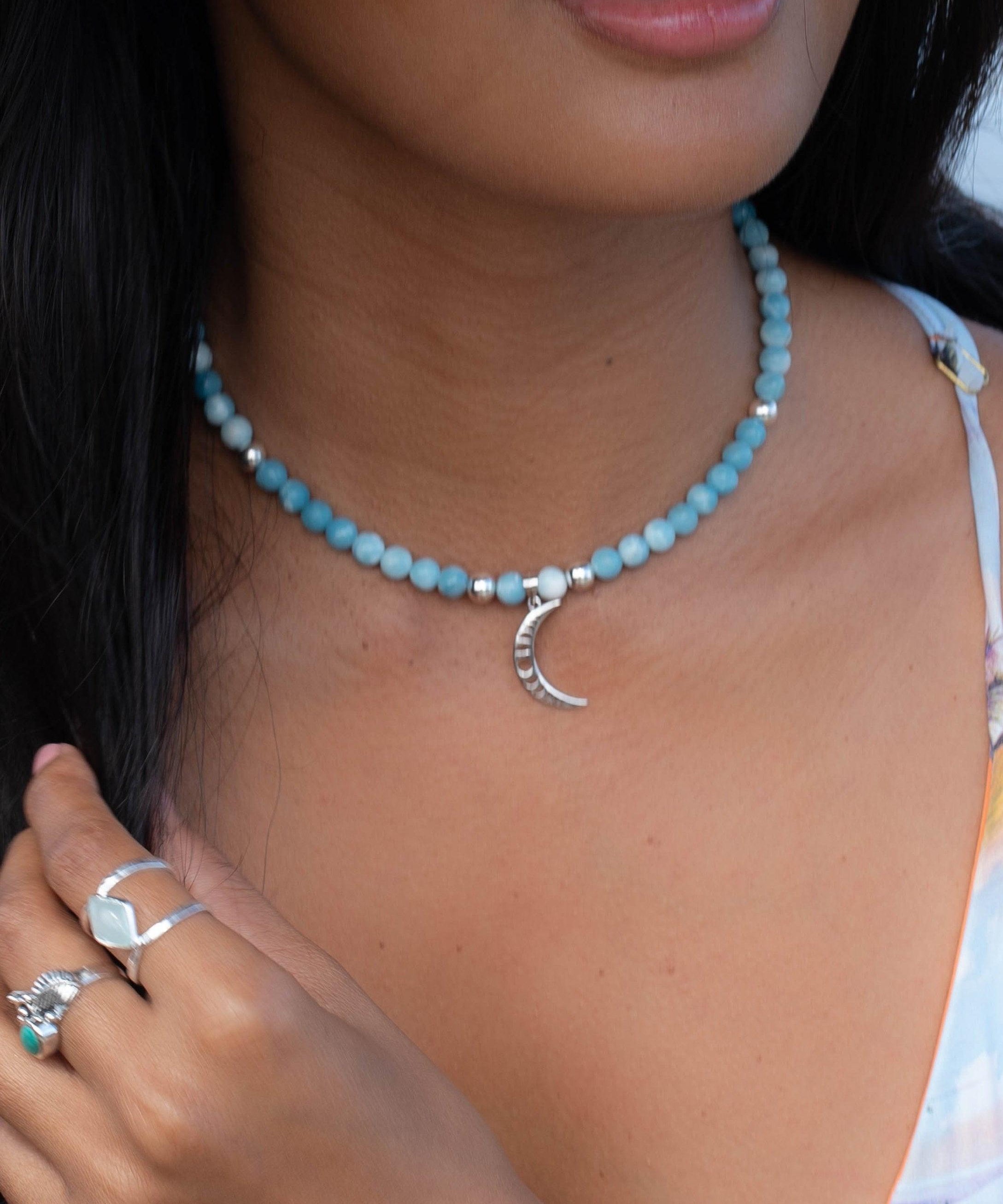 Half Moon Larimar necklace~ Sterling Silver 925 ~ Choker ~ Jewelry ~ Gift For Her ~ Minimalist~ Handmade~ Bead necklace