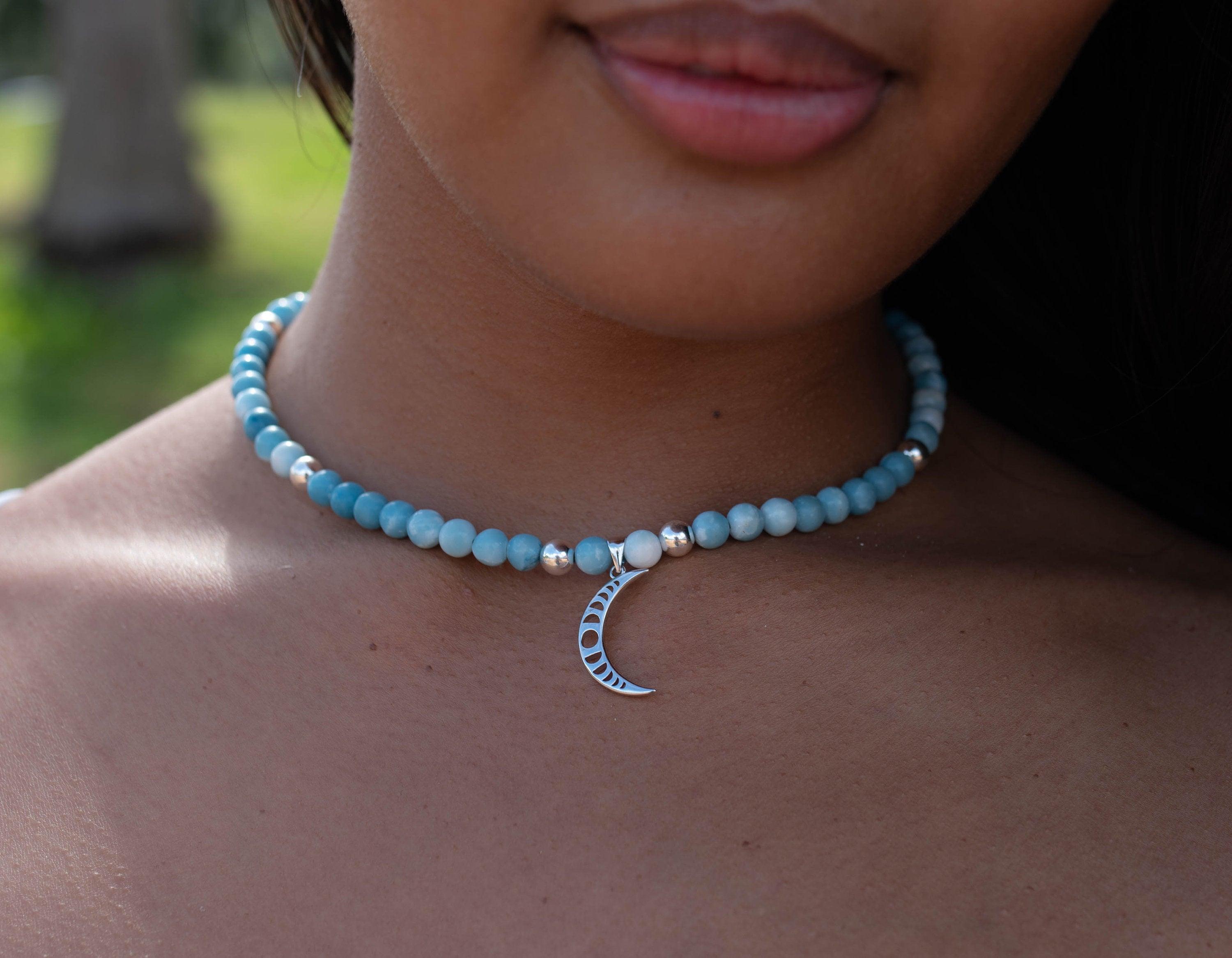 Half Moon Larimar necklace~ Sterling Silver 925 ~ Choker ~ Jewelry ~ Gift For Her ~ Minimalist~ Handmade~ Bead necklace