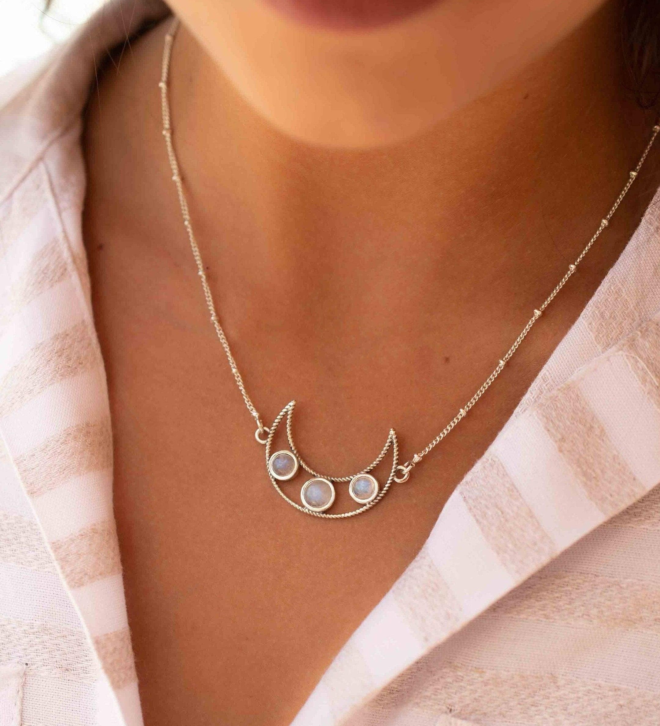 Moonstone Half Moon Necklace ~ Sterling Silver 925 ~Jewelry ~ Beaded Chain ~ Minimalist~ Handmade~ Thin Chain~ Delicate ~Layered MN074
