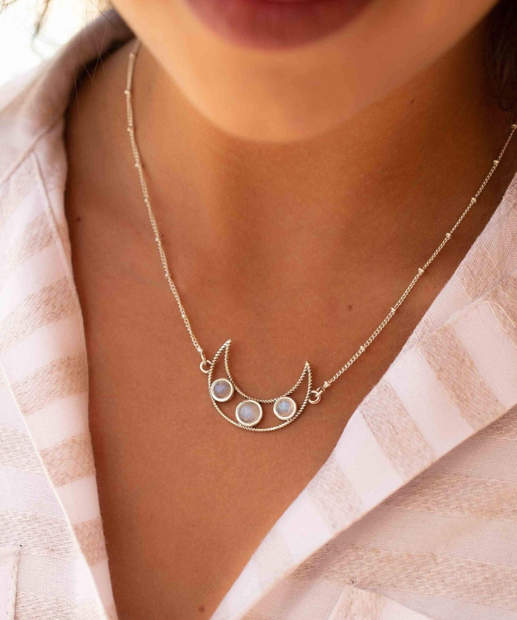 Moonstone Half Moon Necklace ~ Sterling Silver 925 ~Jewelry ~ Beaded Chain ~ Minimalist~ Handmade~ Thin Chain~ Delicate ~Layered MN074