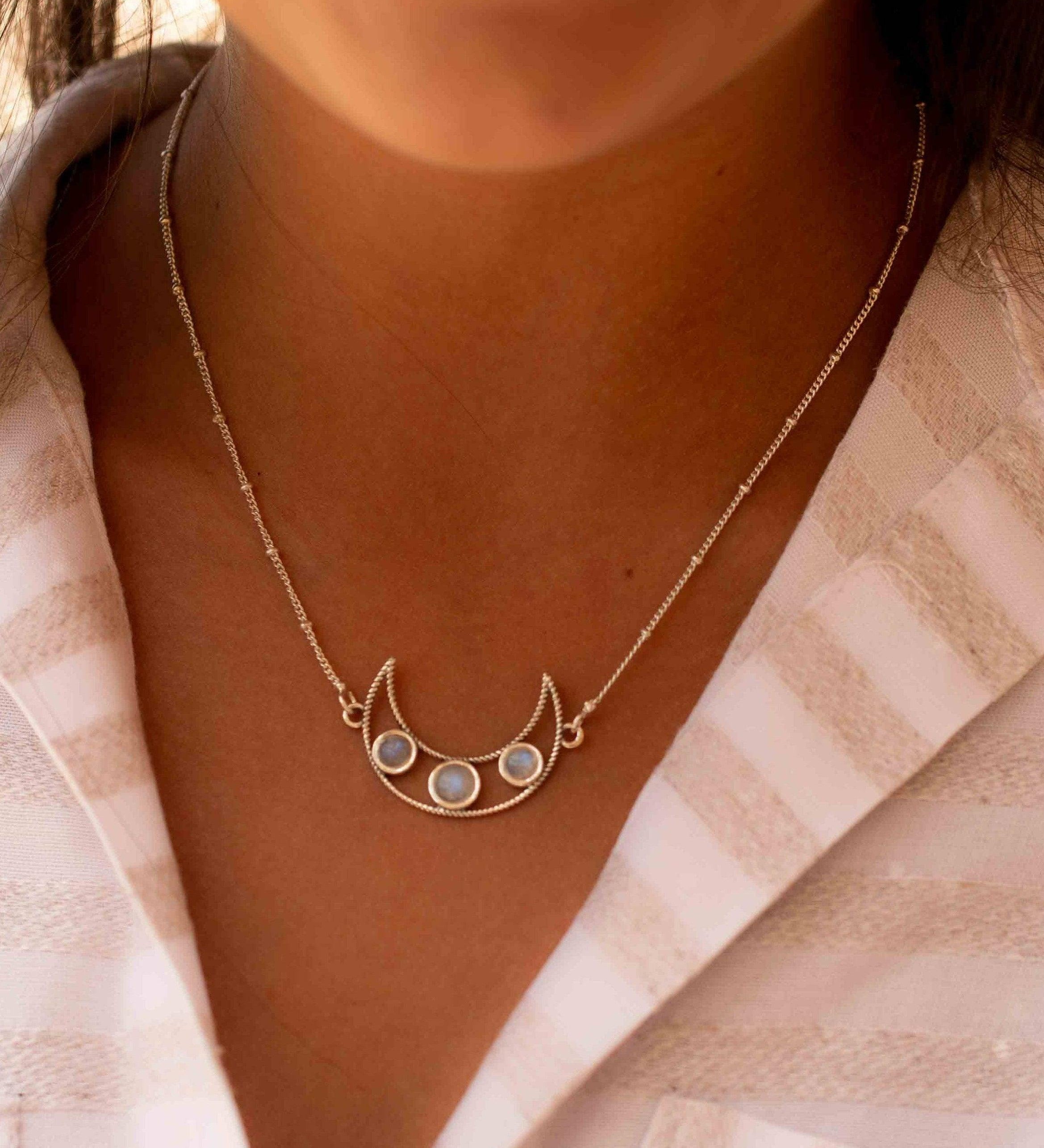 Moonstone Half Moon Necklace ~ Sterling Silver 925 ~Jewelry ~ Beaded Chain ~ Minimalist~ Handmade~ Thin Chain~ Delicate ~Layered MN074