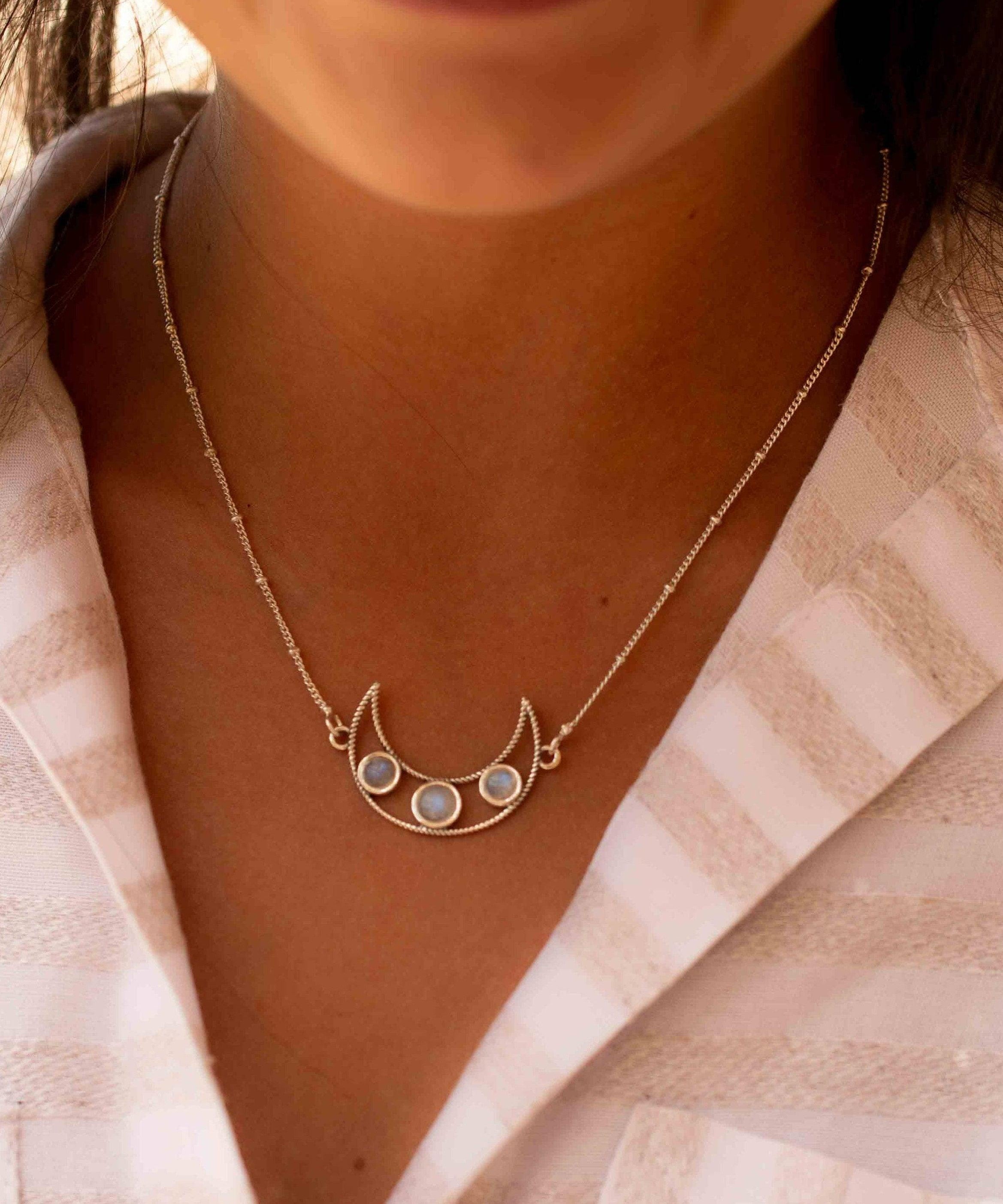 Moonstone Half Moon Necklace ~ Sterling Silver 925 ~Jewelry ~ Beaded Chain ~ Minimalist~ Handmade~ Thin Chain~ Delicate ~Layered MN074