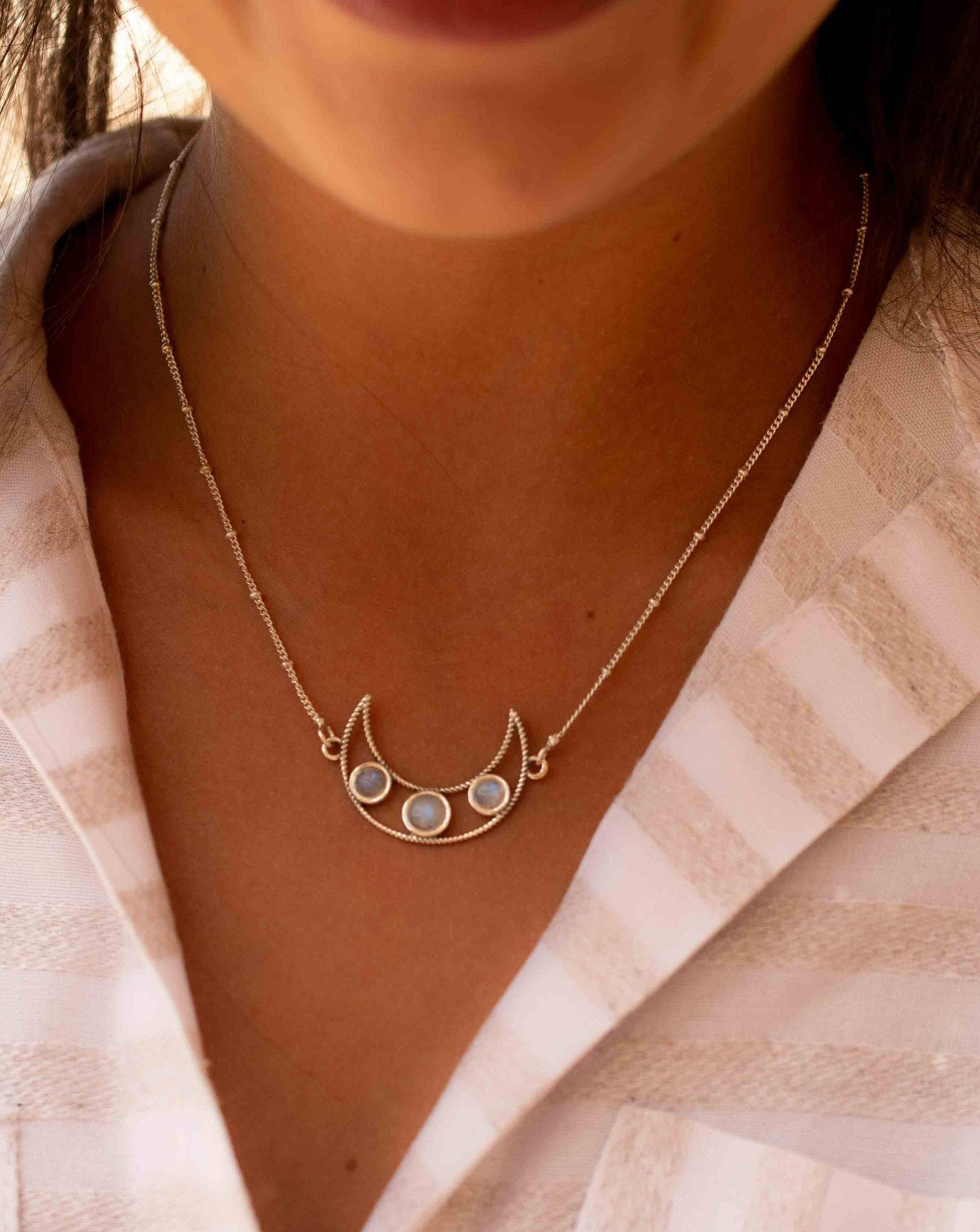 Moonstone Half Moon Necklace ~ Sterling Silver 925 ~Jewelry ~ Beaded Chain ~ Minimalist~ Handmade~ Thin Chain~ Delicate ~Layered MN074
