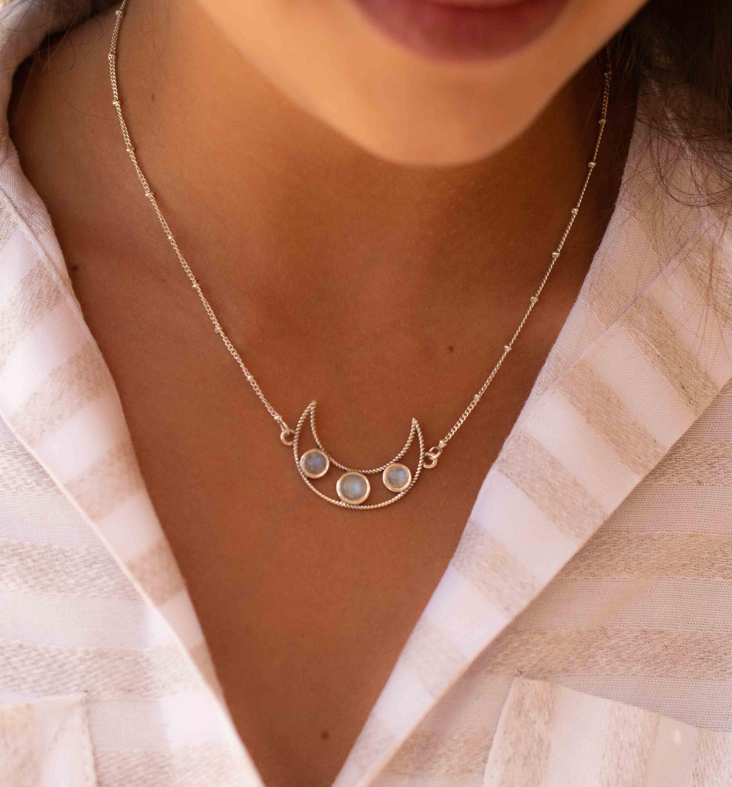 Moonstone Half Moon Necklace ~ Sterling Silver 925 ~Jewelry ~ Beaded Chain ~ Minimalist~ Handmade~ Thin Chain~ Delicate ~Layered MN074