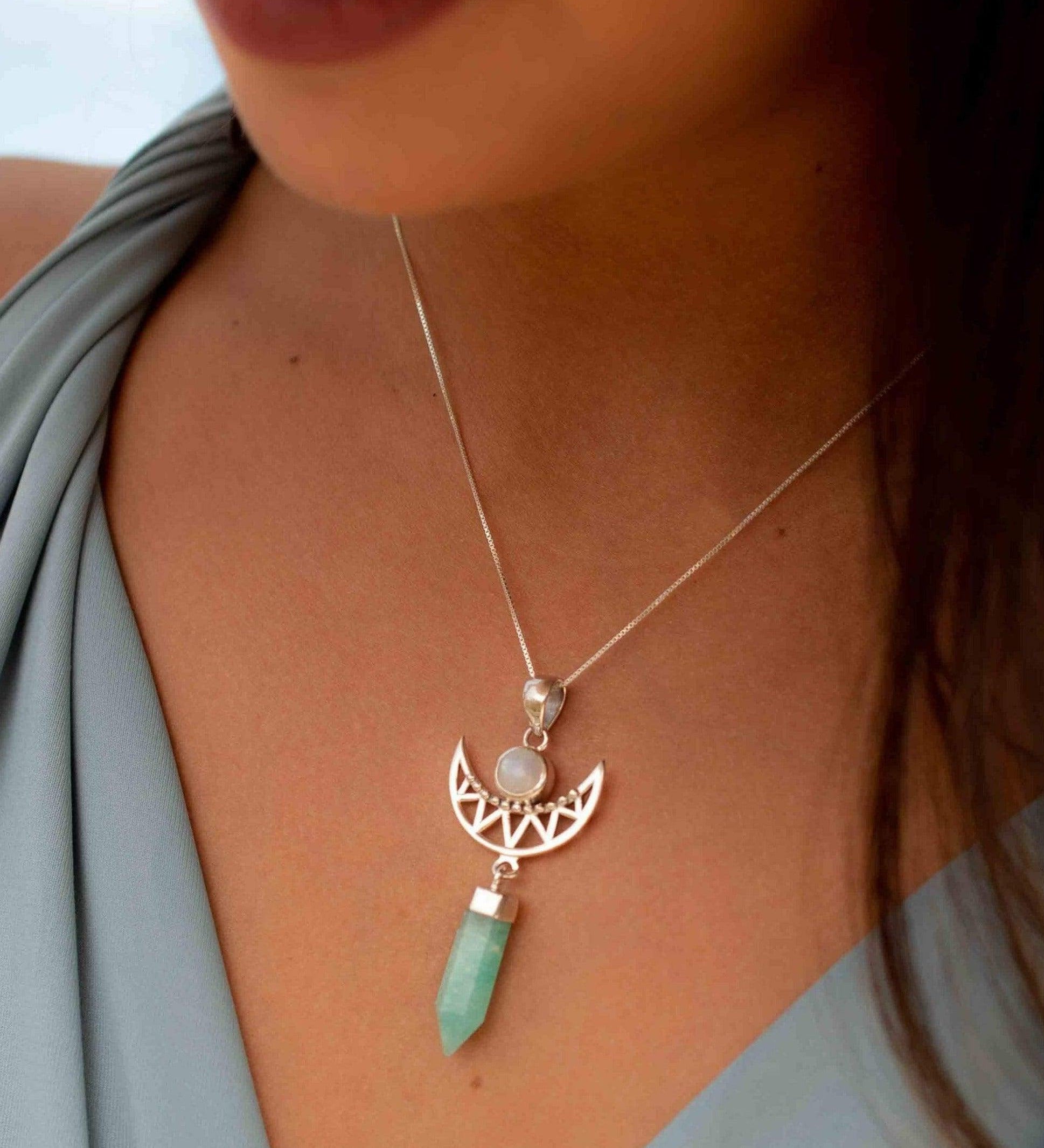 Moonstone & Amazonite  Pendant ~Half moon ~ Sterling Silver 925  ~ Delicate ~ Bohemian ~  Charm ~ MN078