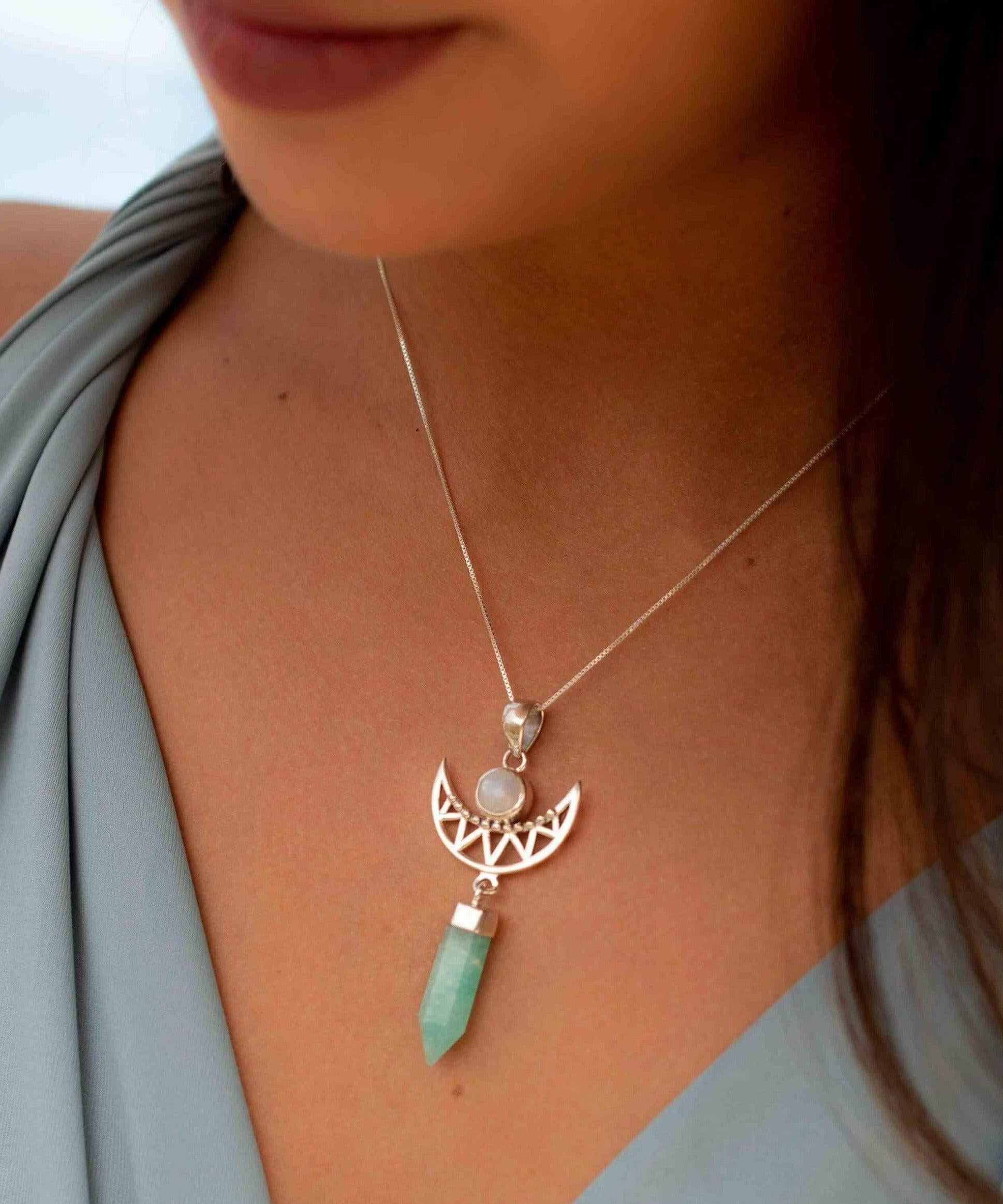 Moonstone & Amazonite  Pendant ~Half moon ~ Sterling Silver 925  ~ Delicate ~ Bohemian ~  Charm ~ MN078
