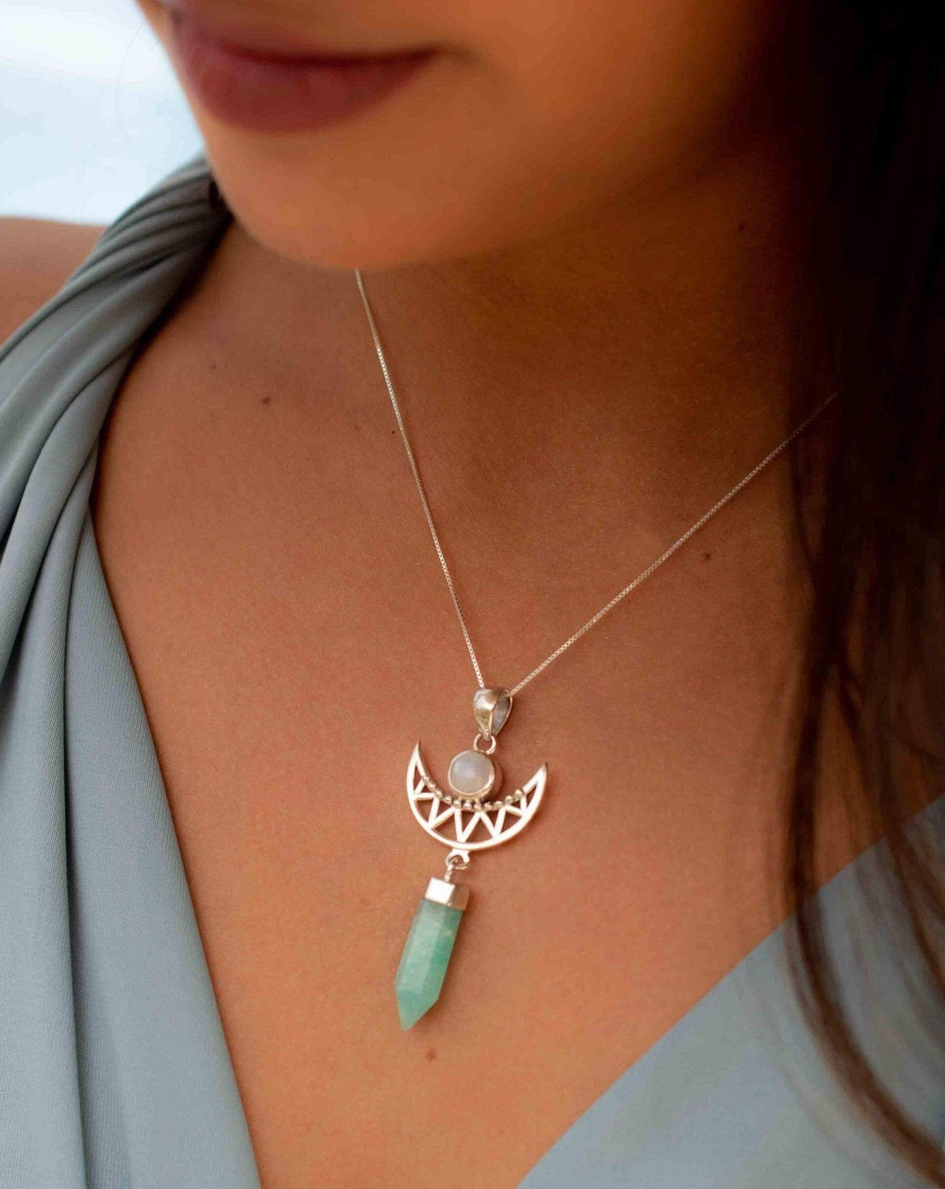 Moonstone & Amazonite  Pendant ~Half moon ~ Sterling Silver 925  ~ Delicate ~ Bohemian ~  Charm ~ MN078