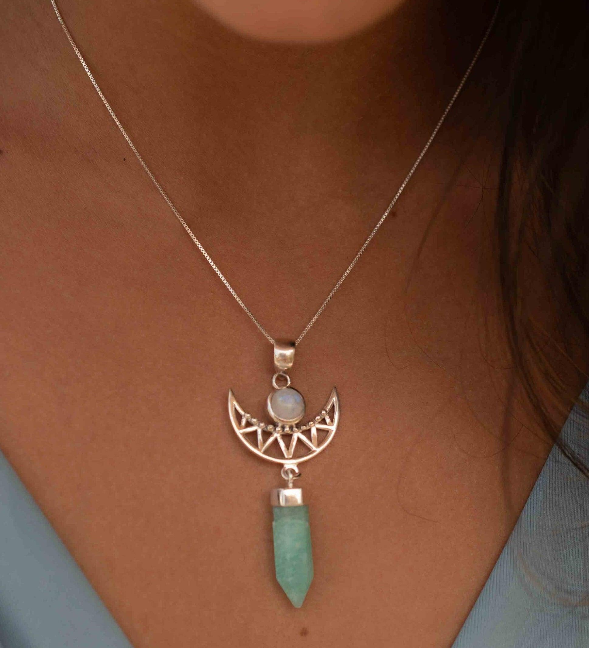 Moonstone & Amazonite  Pendant ~Half moon ~ Sterling Silver 925  ~ Delicate ~ Bohemian ~  Charm ~ MN078