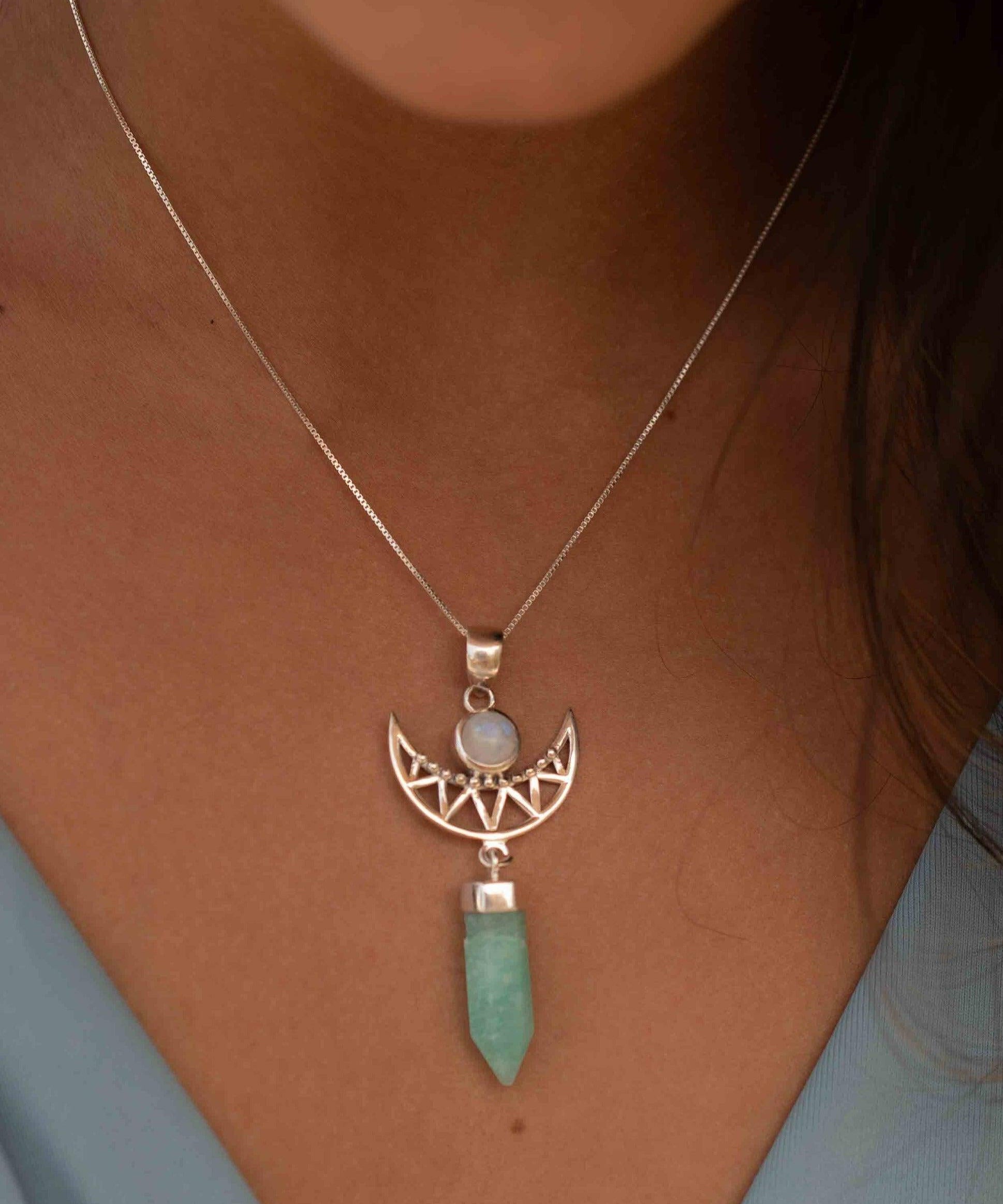 Moonstone & Amazonite  Pendant ~Half moon ~ Sterling Silver 925  ~ Delicate ~ Bohemian ~  Charm ~ MN078