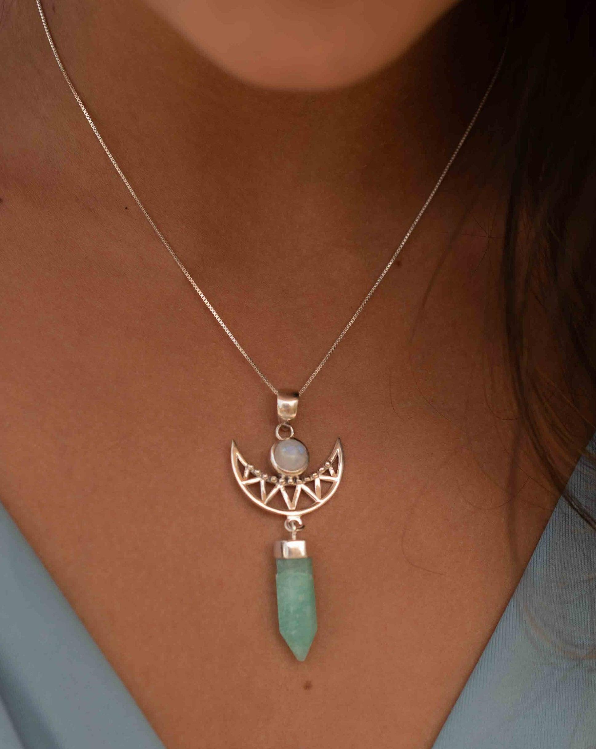 Moonstone & Amazonite  Pendant ~Half moon ~ Sterling Silver 925  ~ Delicate ~ Bohemian ~  Charm ~ MN078