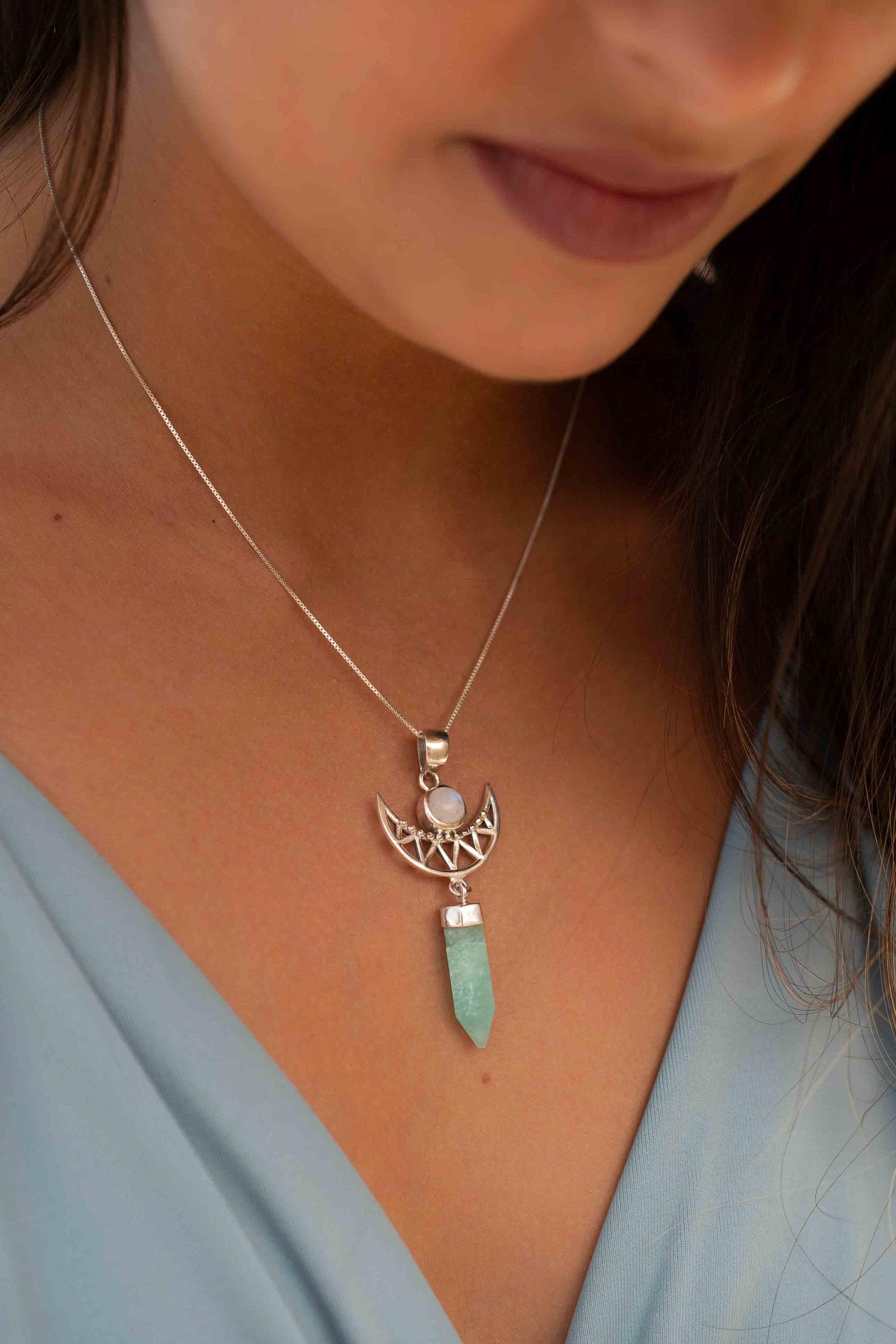 Moonstone & Amazonite  Pendant ~Half moon ~ Sterling Silver 925  ~ Delicate ~ Bohemian ~  Charm ~ MN078