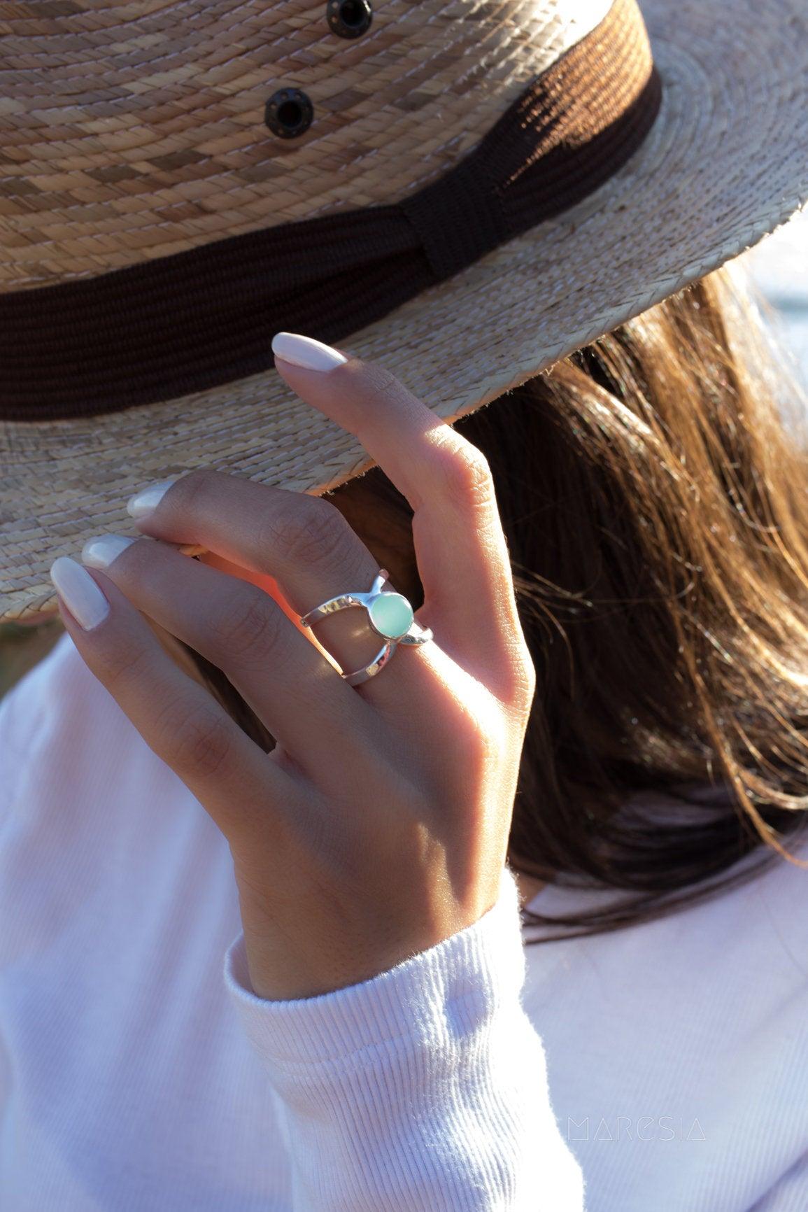 Aqua Chalcedony Double Band Ring ~Sterling Silver 925 ~ MR181 - Maresia Jewelry