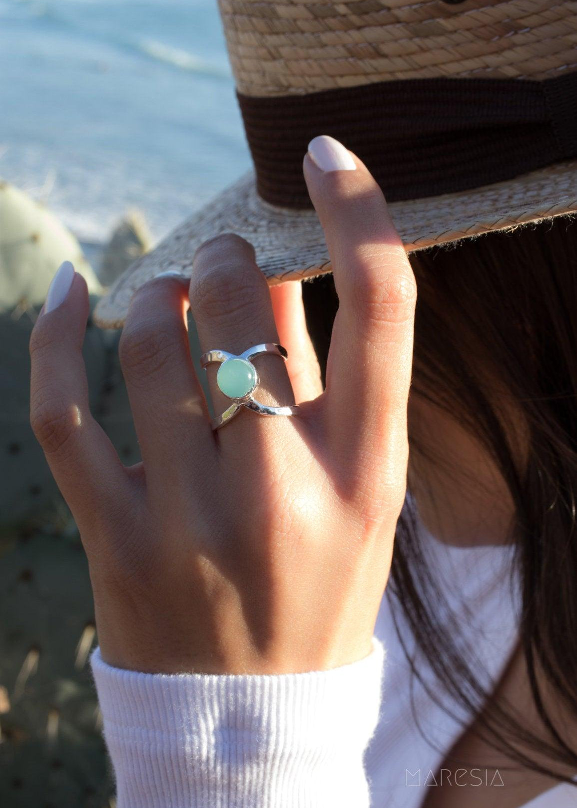 Aqua Chalcedony Double Band Ring ~Sterling Silver 925 ~ MR181 - Maresia Jewelry