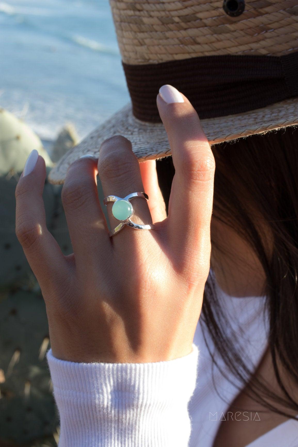 Aqua Chalcedony Double Band Ring ~Sterling Silver 925 ~ MR181 - Maresia Jewelry