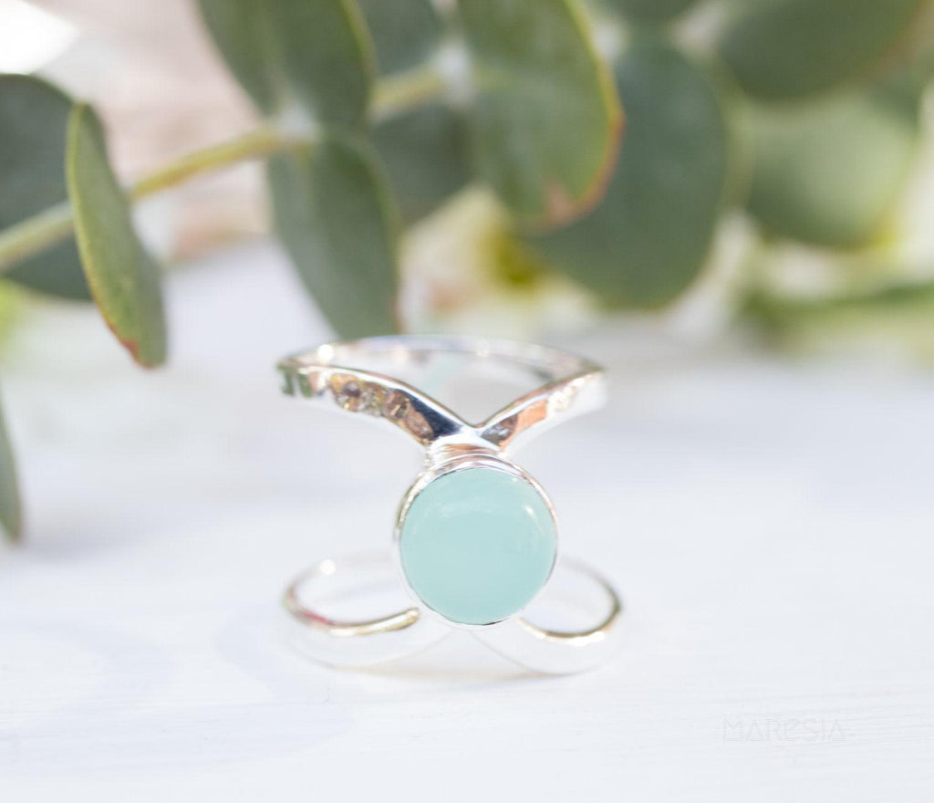 Honolulu Double Band Ring Aqua Chalcedony Sterling Silver 925 MR181 10