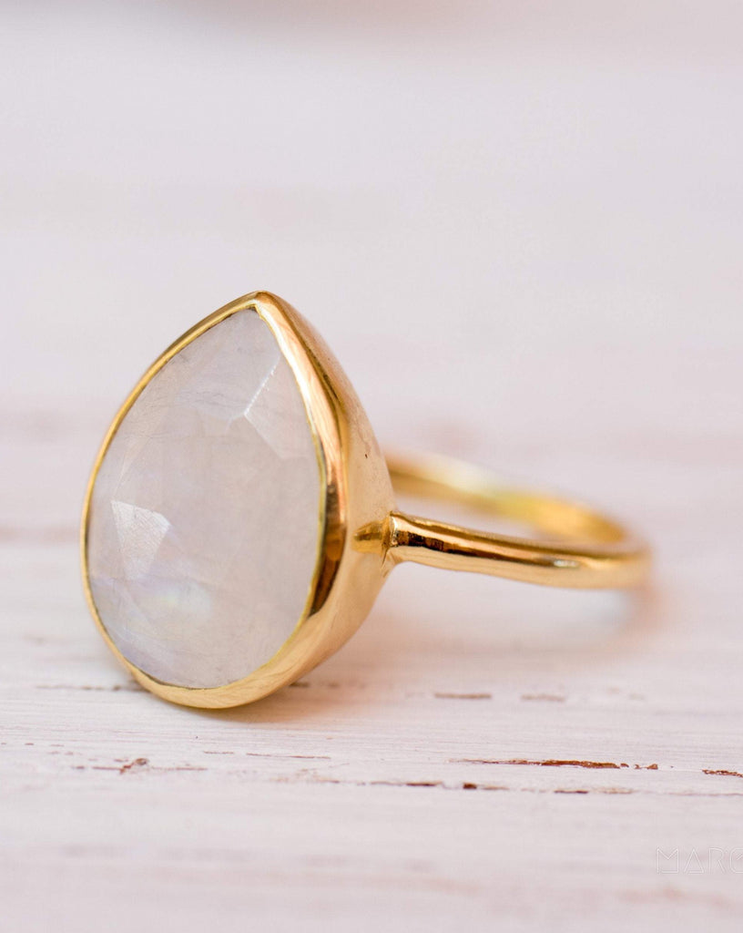 Lia Rainbow Moonstone Tear Drop Ring  ~ 18k Gold Plated ~  MR147 - Maresia Jewelry