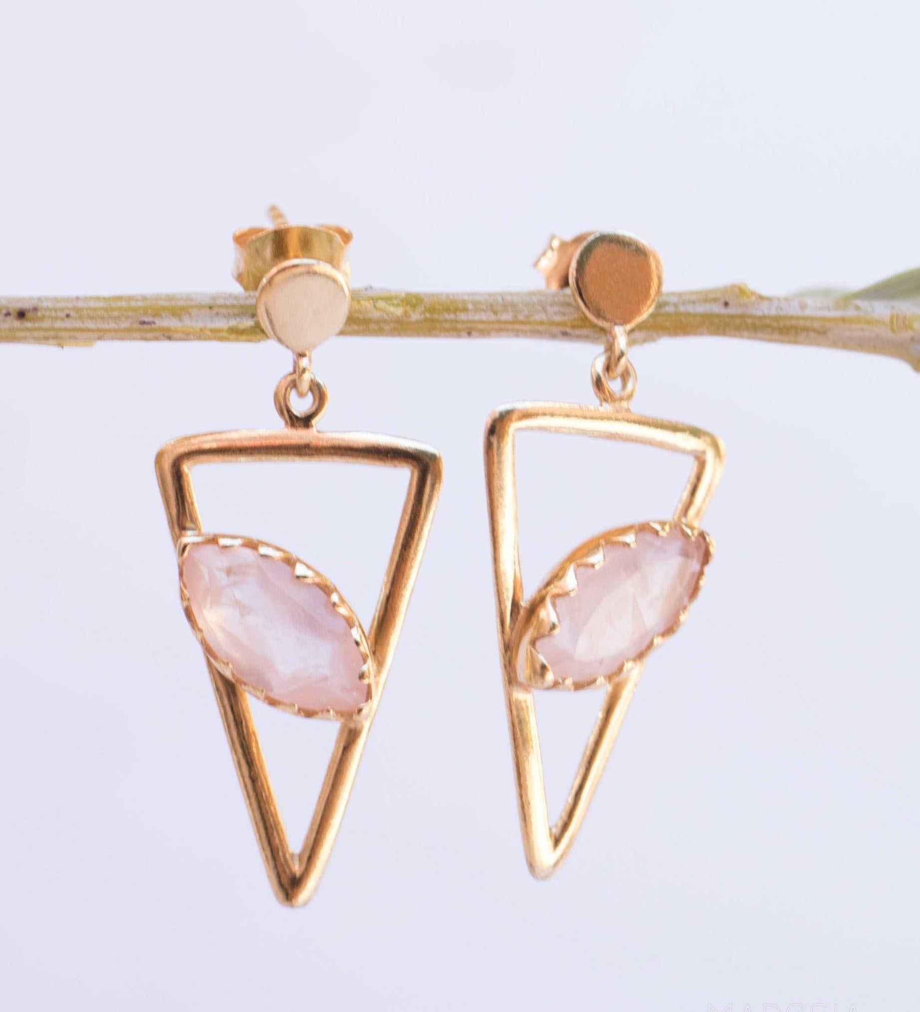 Aqua Chalcedony, Ruby, Blue Chalcedony, Rose quartz Triangle Earrings ~Gold Vermeil (Gold Plated over Sterling Silver)~ ME061 - Maresia Jewelry
