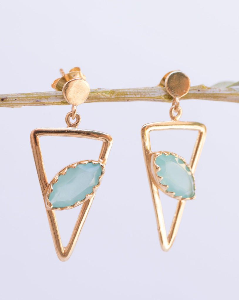 Aqua Chalcedony, Ruby, Blue Chalcedony, Rose quartz Triangle Gold Vermeil Earrings ~ - Maresia Jewelry