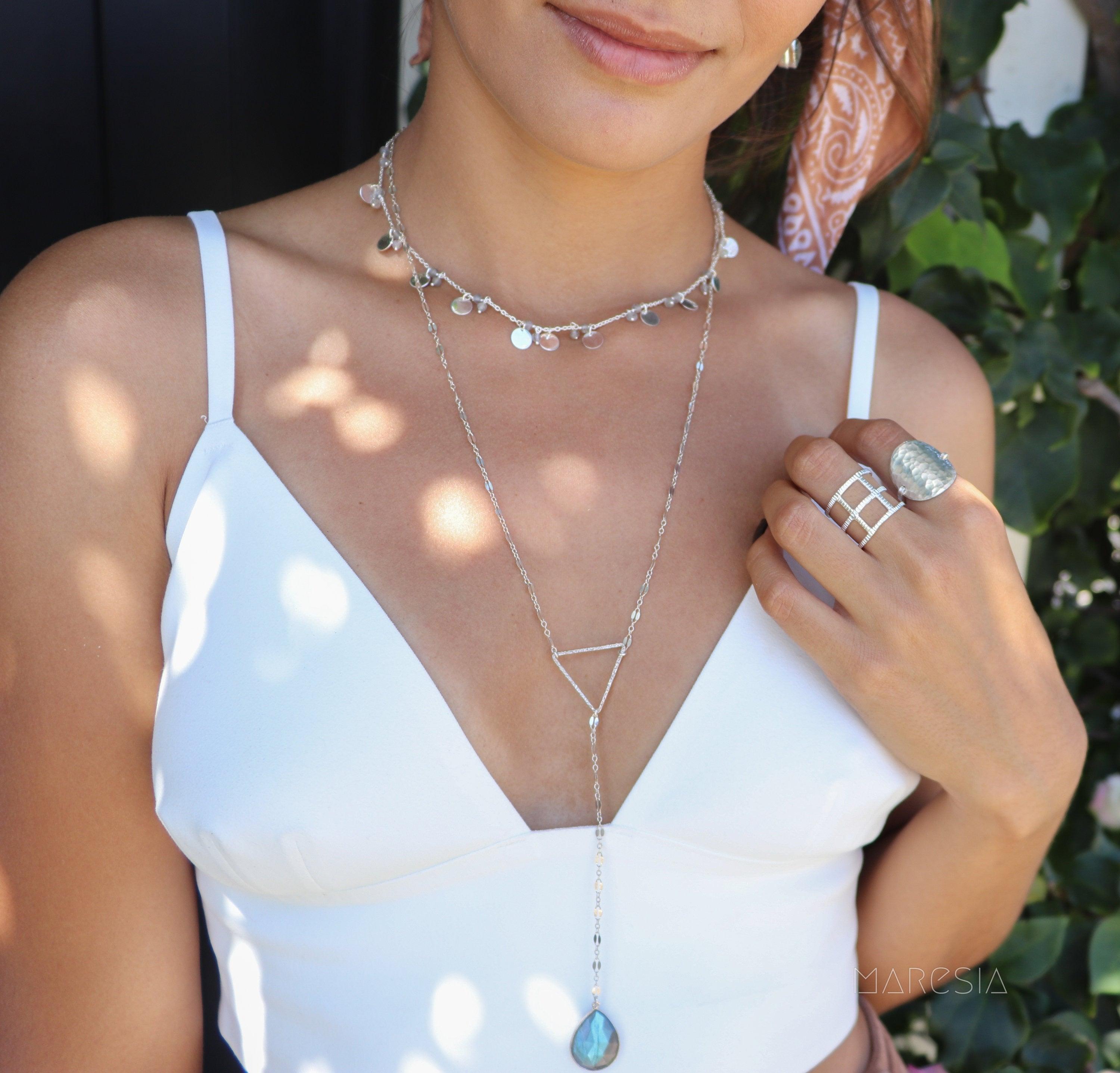 Labradorite or Moonstone Triangle Long Necklace~ Sterling Silver 925 or Gold Filled ~ Handmade ~ Bohemian ~ Gypsy ~Boho ~Necklace MN002