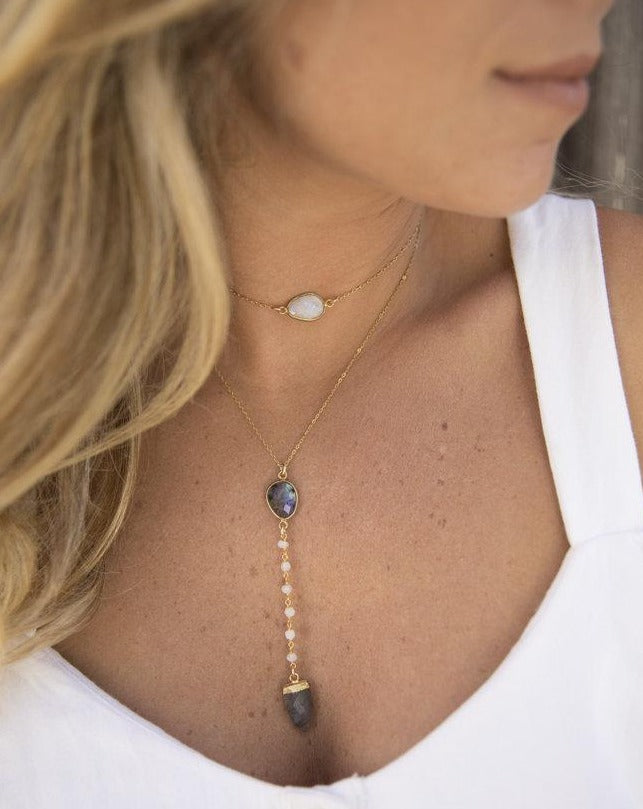 Labradorite & Moonstone Y Necklace ~ Gold Vermeil - Maresia Jewelry