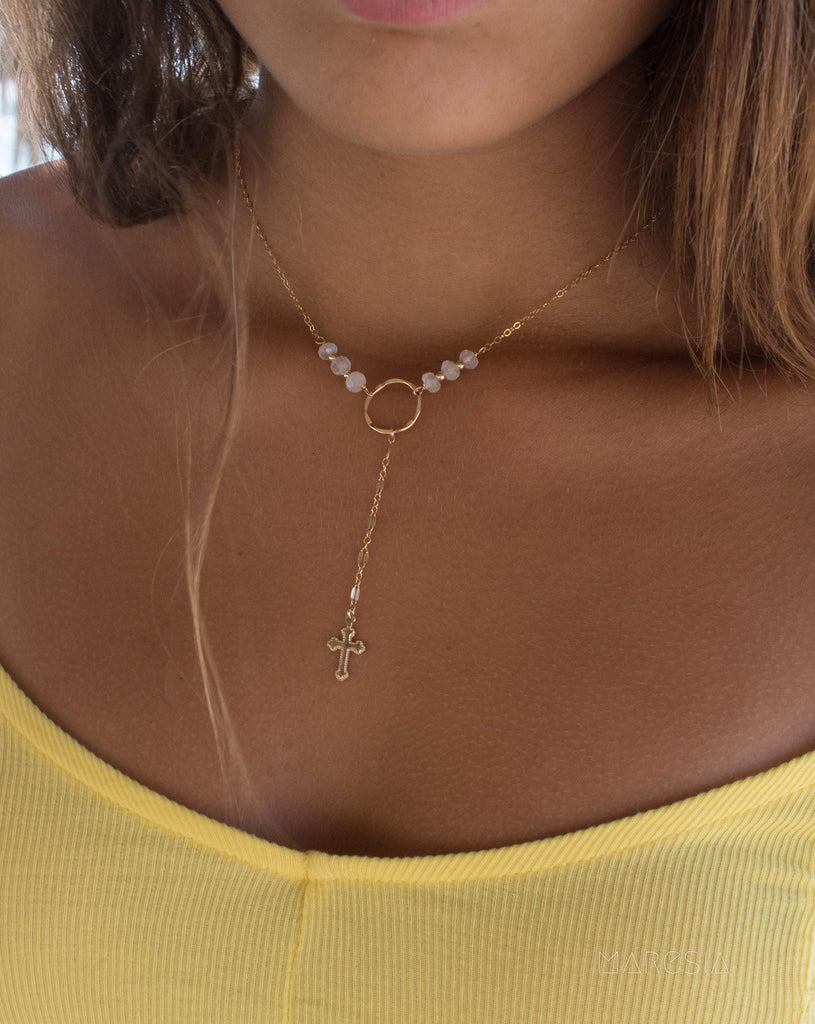 Y necklace Moonstone Cross ~ Gold Filled ~ Dainty Gold Necklace ~ Hammered Circle ~Minimalist ~Delicate ~Layered MN027