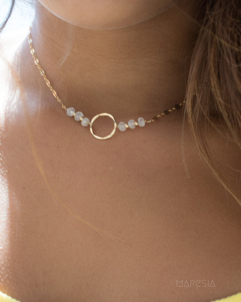 Circle Necklace Choker with moonstone ~ Gold Filled or Sterling Silver 925 ~ MN014
