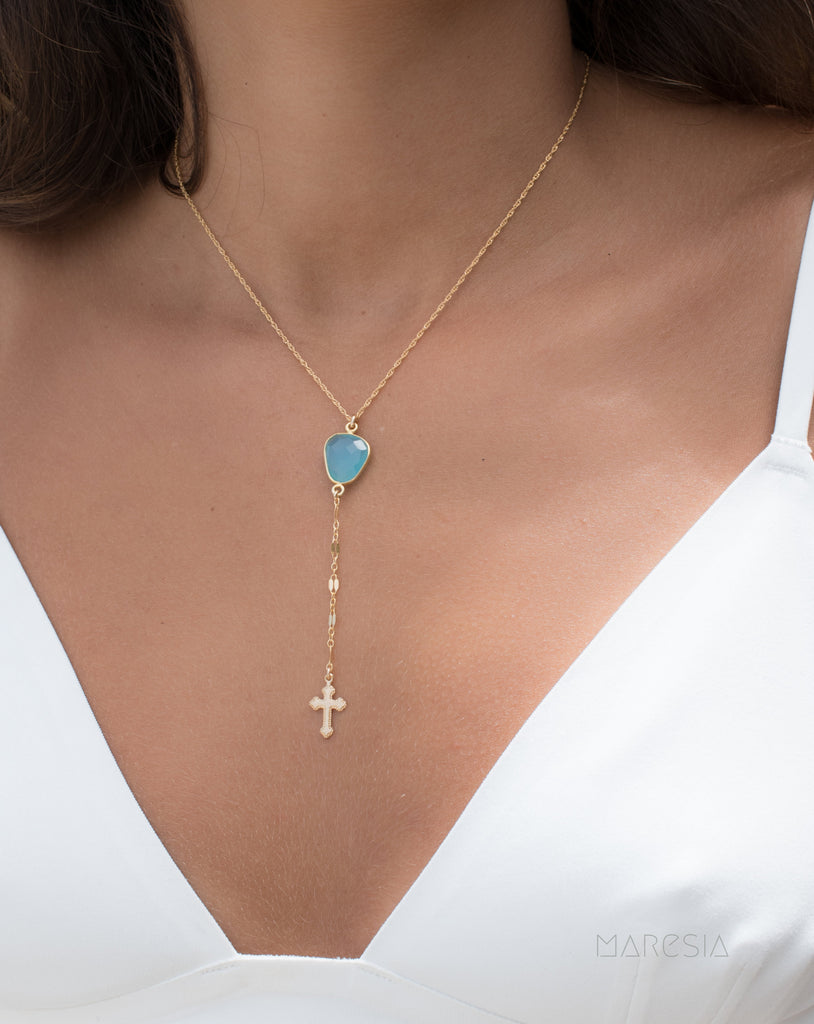 Y necklace Blue Chalcedony Cross ~ Gold Filled ~MN019