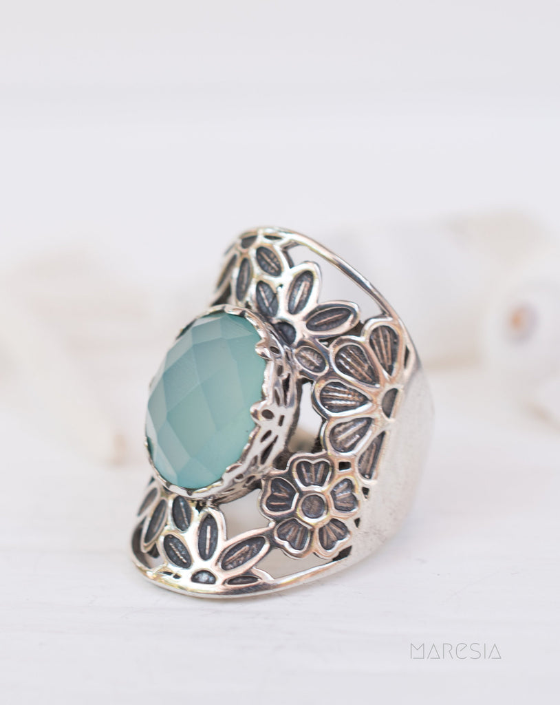 Aqua Chalcedony Ring ~ Sterling Silver 925 ~ MR083