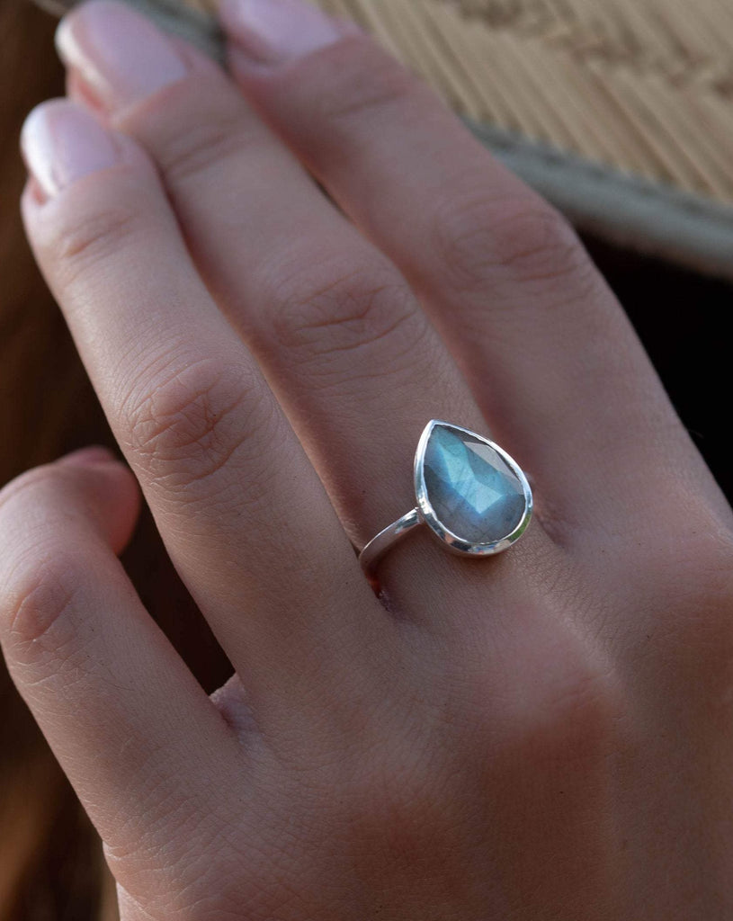 Rainbow Labradorite Tear Drop Ring ~ Gemstone ~ Natural ~ Sterling Silver 925~ Jewelry ~ Handmade~February Birthstone - MR225