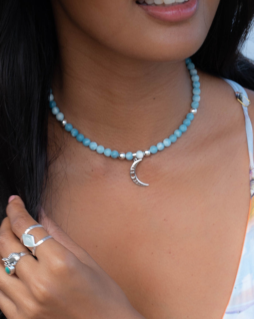 Half Moon Larimar necklace~ Sterling Silver 925 ~ Choker ~ Jewelry ~ Gift For Her ~ Minimalist~ Handmade~ Bead necklace