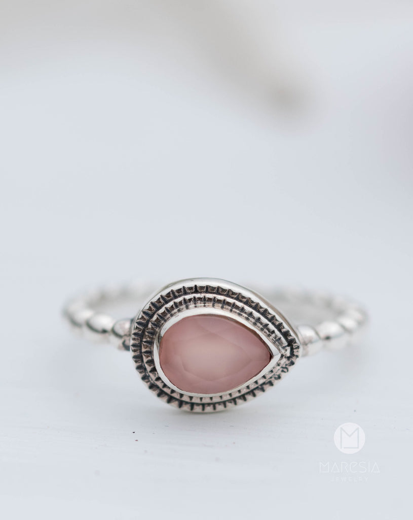 Pink chalcedony Tear Drop Ring ~ Gemstone ~ Natural ~ Sterling Silver 925 ~ Jewelry ~ Stackable ~ Handmade~ MR254