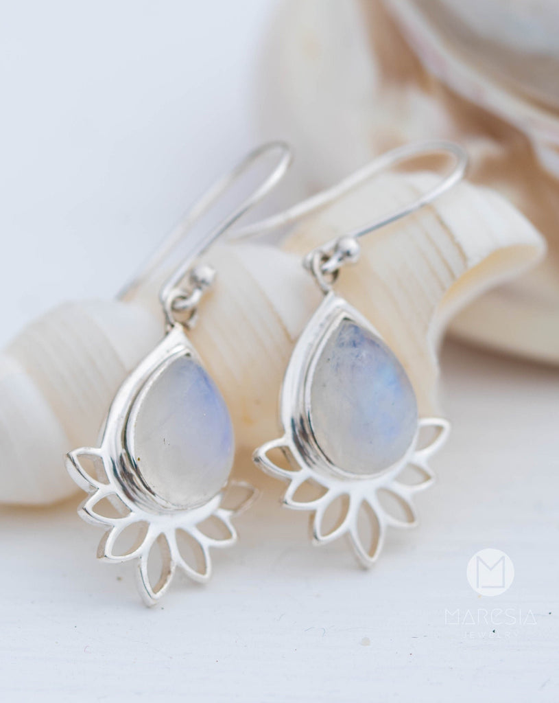 Lotus flower Turquoise or Moonstone Earrings ~ Gemstone ~ Dangle ~ Sterling Silver 925 ~ Jewelry ~ Blue ~ Handmade~ ME155A