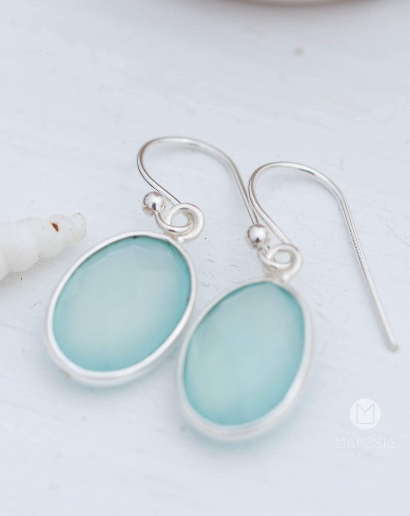 Aqua Chalcedony Earrings~ Sterling Silver 925 ~Dangle Earrings ~Silver Earrings ~Teal Chalcedony ~ Oval Drop ~ Gemstone ~Natural Stone ME157