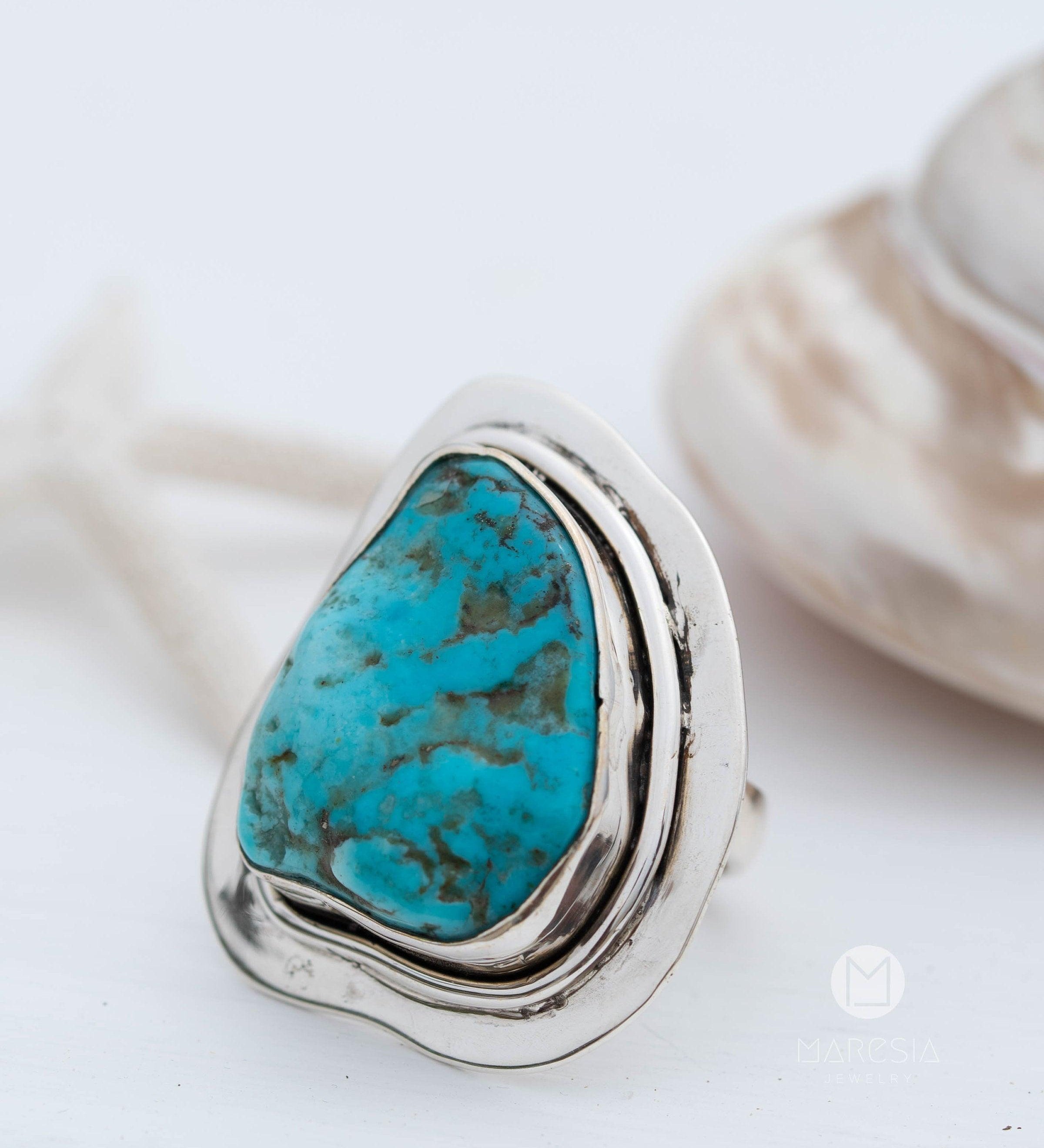 Rough Turquoise Ring ~ Sterling Silver 925 ~ One of a Kind ~ Handmade ~ Statement ~ Jewelry Gift for her~ Boho ~ Hippie ~ Bohemian ~   MR035