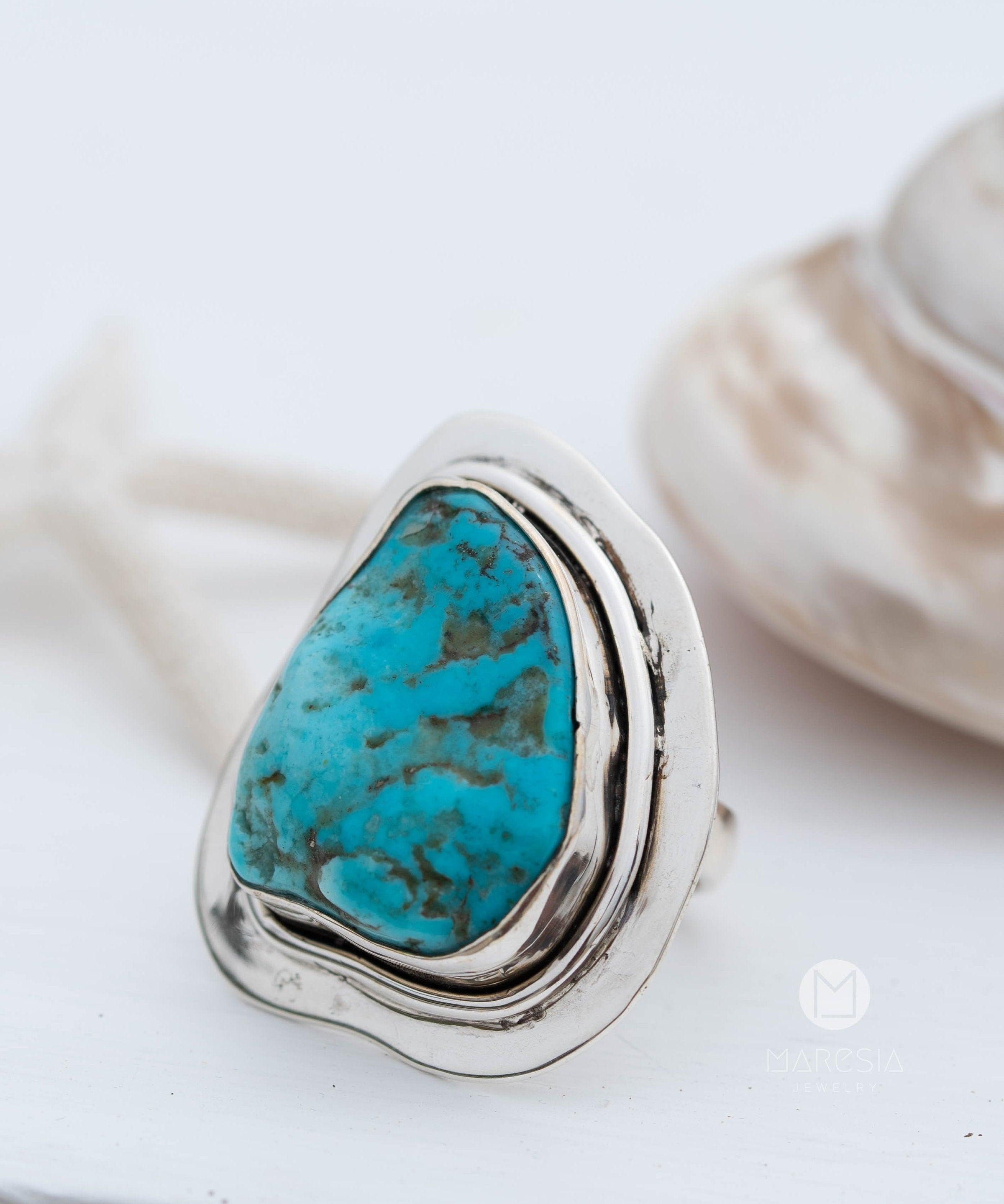 Rough Turquoise Ring ~ Sterling Silver 925 ~ One of a Kind ~ Handmade ~ Statement ~ Jewelry Gift for her~ Boho ~ Hippie ~ Bohemian ~   MR035