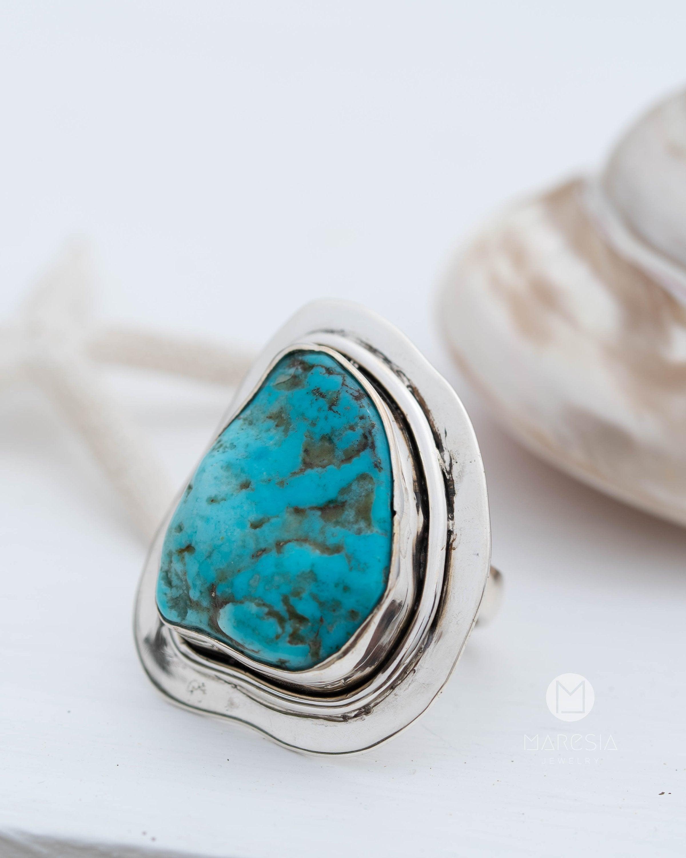 Rough Turquoise Ring ~ Sterling Silver 925 ~ One of a Kind ~ Handmade ~ Statement ~ Jewelry Gift for her~ Boho ~ Hippie ~ Bohemian ~   MR035