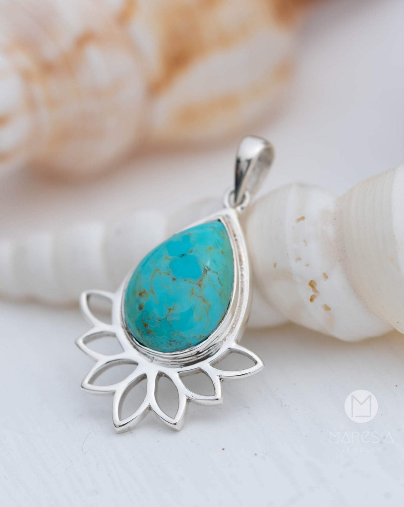 Lotus flower Turquoise or Moonstone Pendant ~ Sterling Silver 925 ~ Necklace ~ Sterling Silver ~ MP002