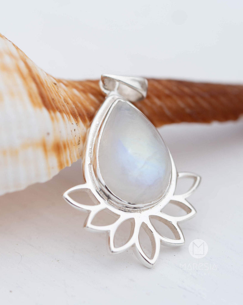 Lotus flower Turquoise or Moonstone Pendant ~ Sterling Silver 925 ~ Necklace ~ Sterling Silver ~ MP002A