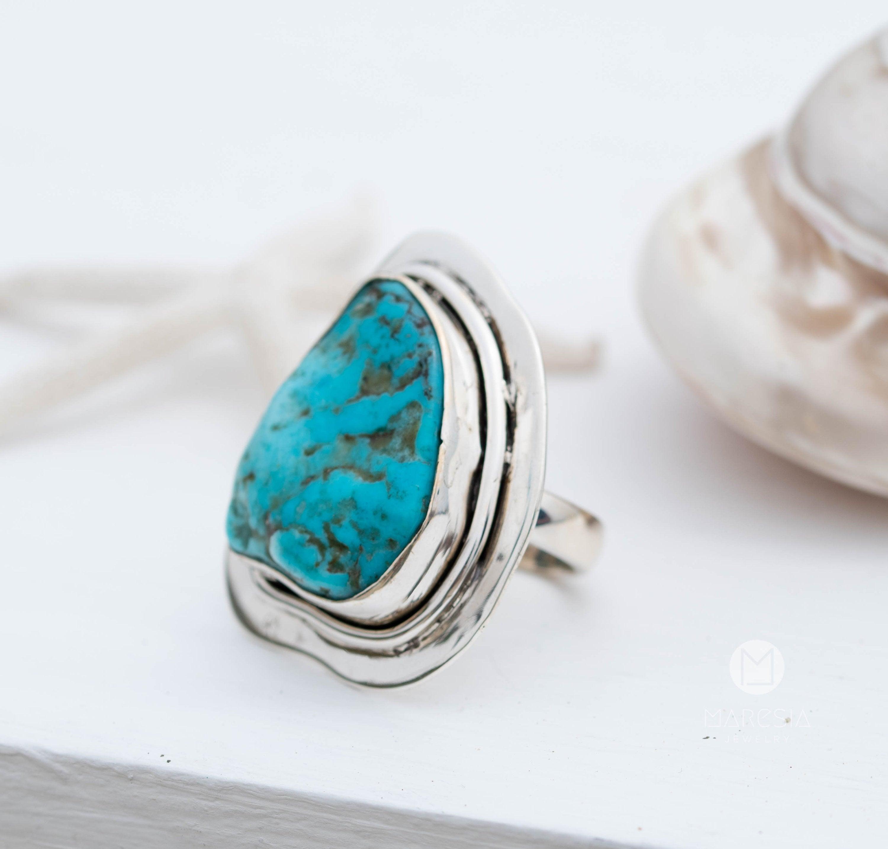 Rough Turquoise Ring ~ Sterling Silver 925 ~ One of a Kind ~ Handmade ~ Statement ~ Jewelry Gift for her~ Boho ~ Hippie ~ Bohemian ~   MR035