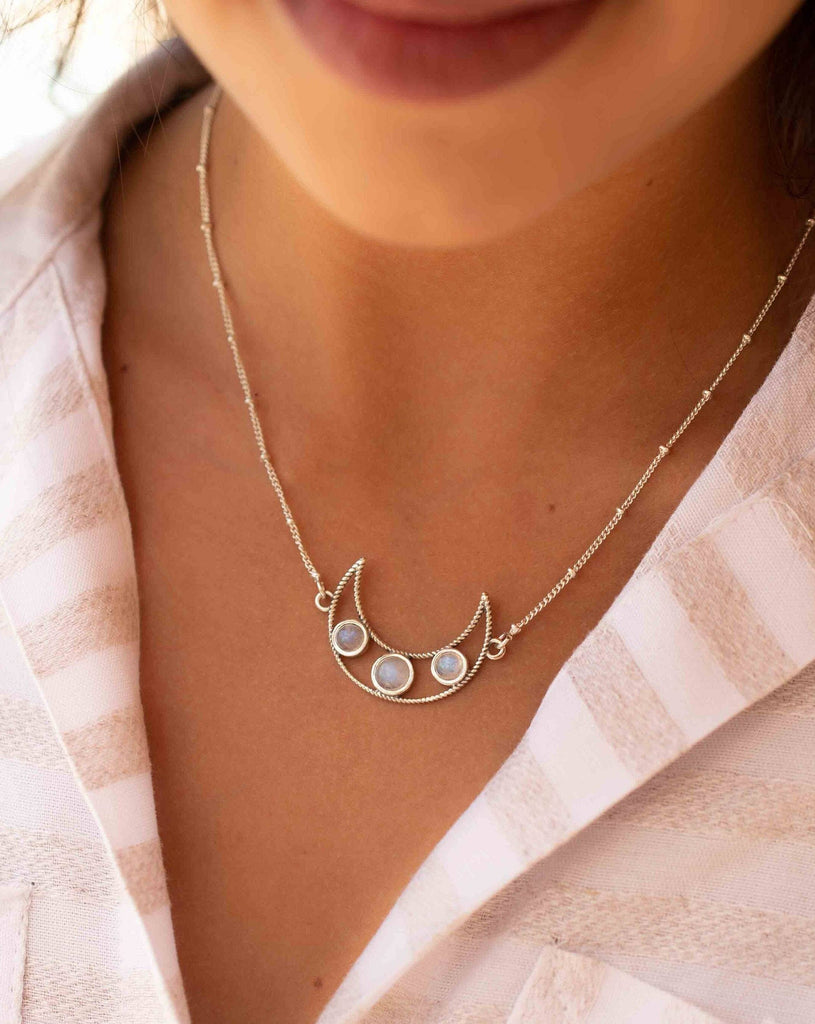 Moonstone Half Moon Necklace ~ Sterling Silver 925 ~Jewelry ~ Beaded Chain ~ Minimalist~ Handmade~ Thin Chain~ Delicate ~Layered MN074