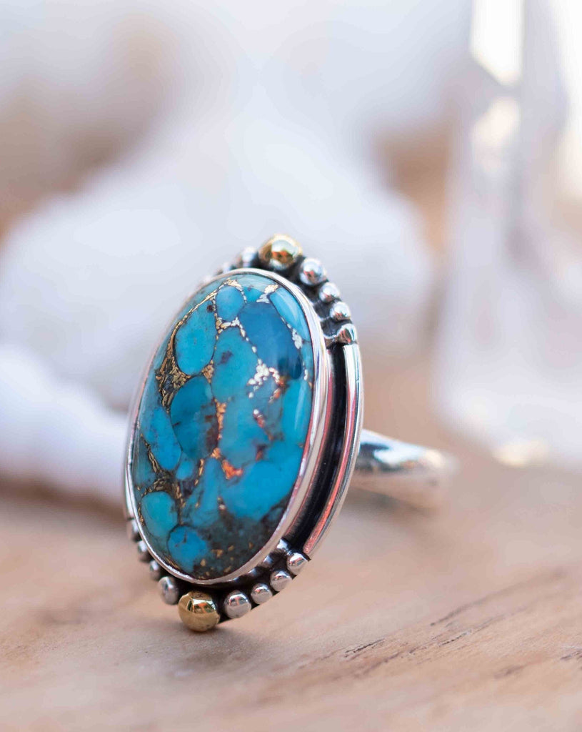Copper Turquoise Ring ~ Mix metals ~ oval shape ~Sterling Silver 925 and brass ~ Handmade ~ Gemstone ~ Statement~ December Birthstone~ MR291